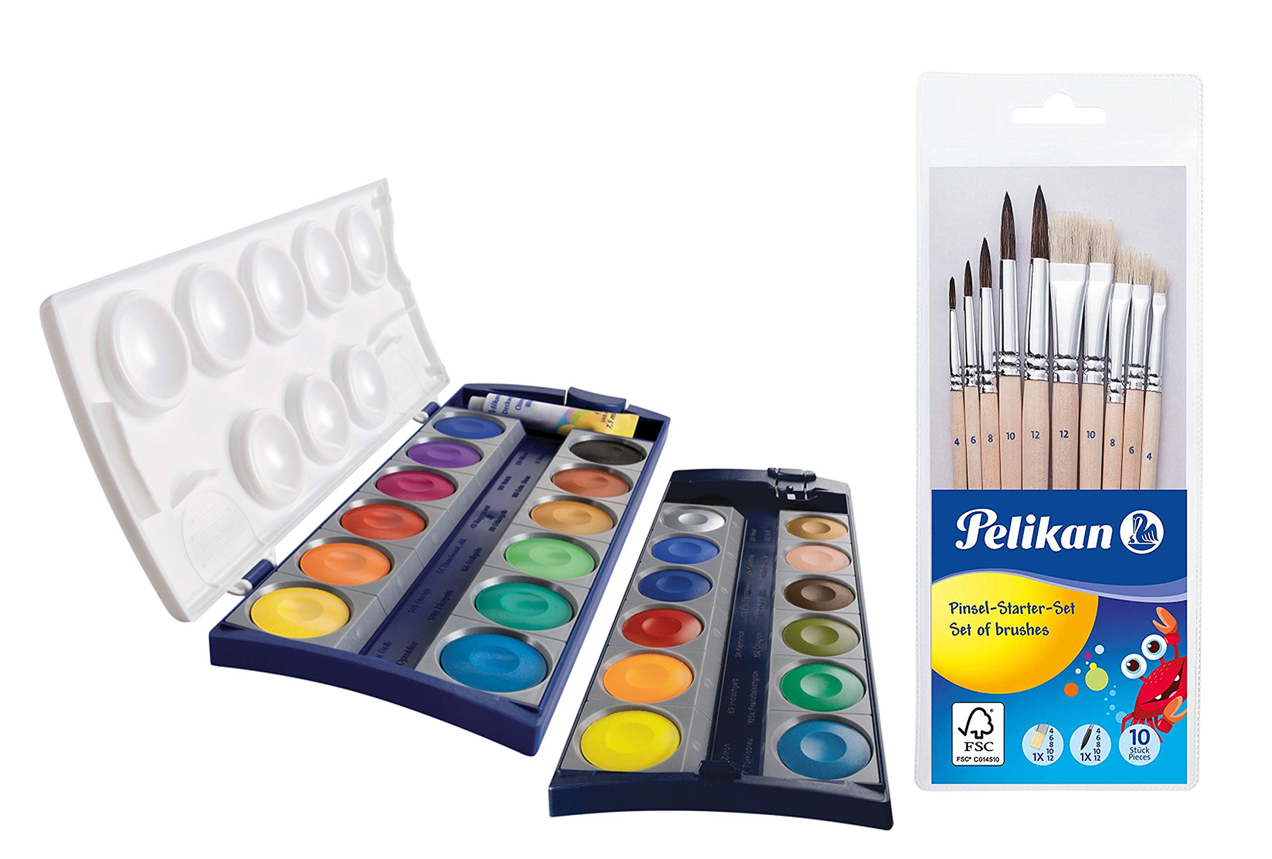 Pelikan Unisex Jugend 720631 K24, 24 Qualitätsfarben und 1 Tube Deckweiß (7,5 ml), nach Din 5023 (Deckfarbkasten + Pinselset 10tlg.), Mehrfarbig, Set