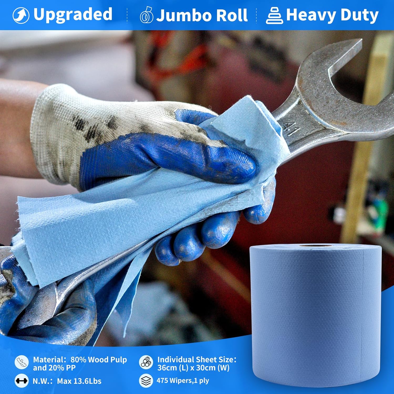 Industrial Strength Power Clean Heavy Duty Wipes - Absorbent, Durable, and Reusable Cloths for Tough Dirt, Oil, and Grime in Manufacturing and Workshops - 475 Sheets, Blue Shop Towels-Jumbo Roll
