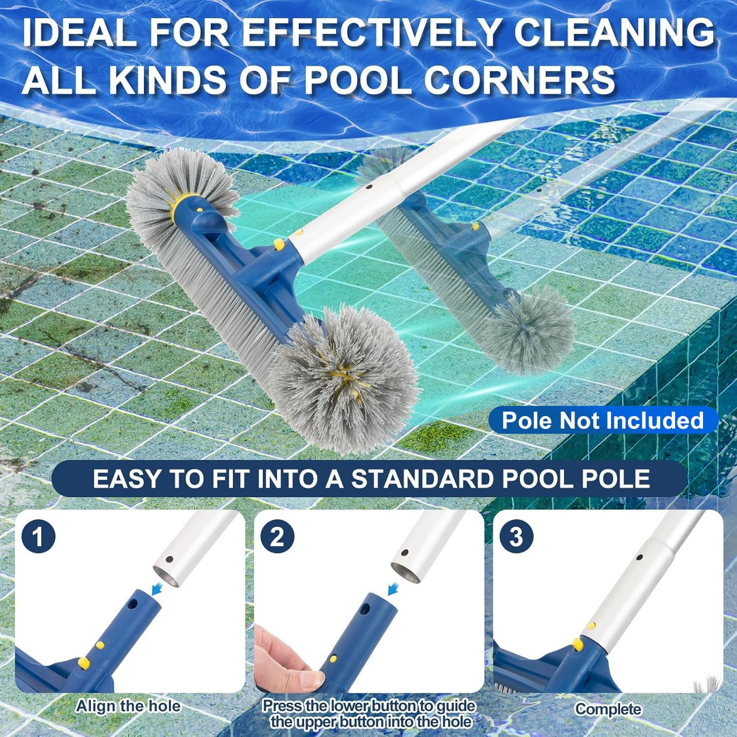 POOLAZA 45,7 cm und 50,8 cm Poolbürsten mit runden Enden, abnehmbare Poolbürsten zum Reinigen von Poolwänden und Fliesen, 2-in-1-Pool-Bürstenkopf für Innenpools/oberirdische Pools, hocheffiziente