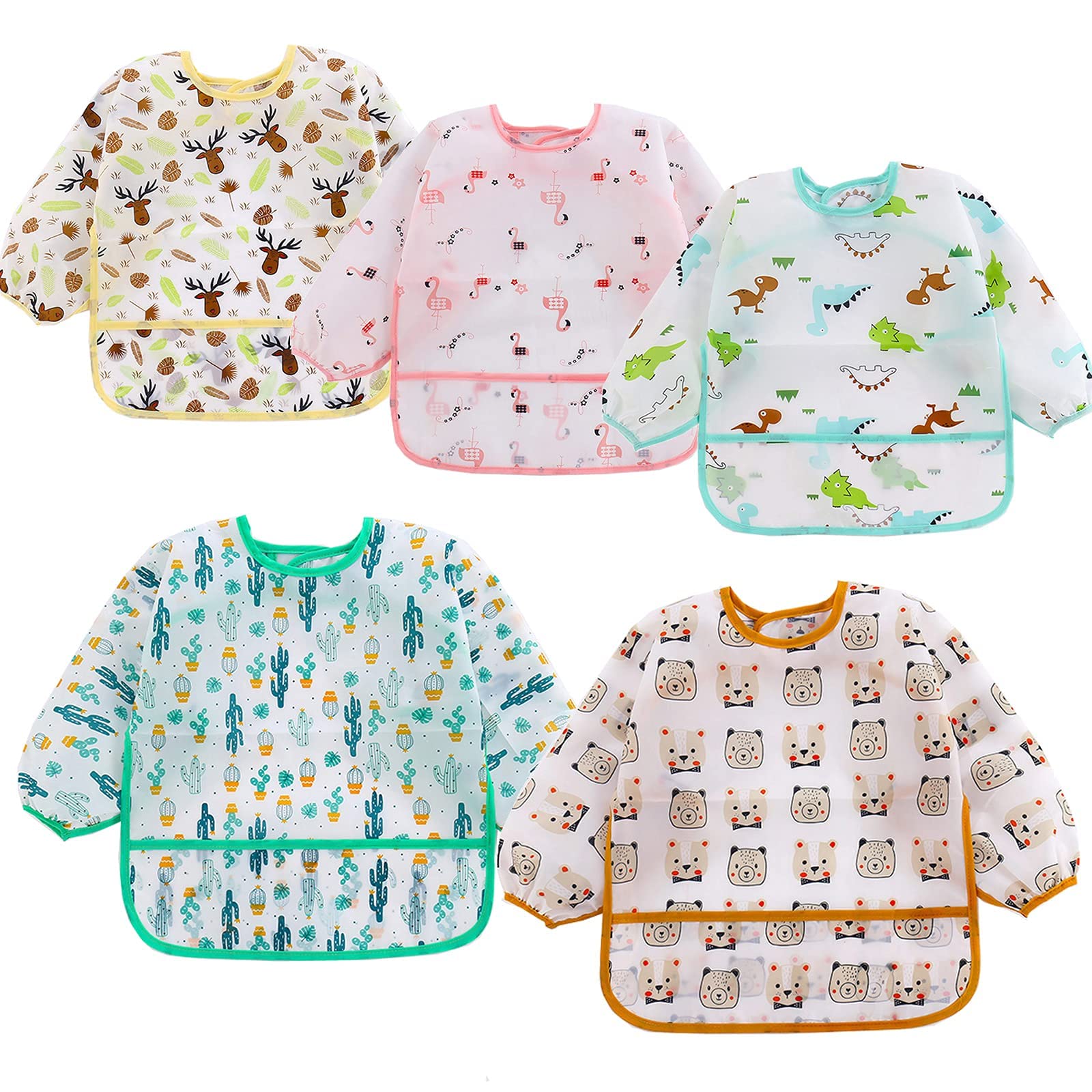 QinGuang 5pcs Long Sleeve Baby Bibs Painting Apron Slightly Waterproof Feeding Bibs for 6-36 Months