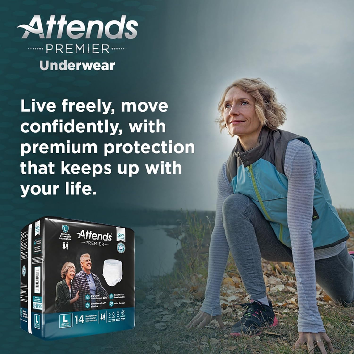 Attends Premier Adult Incontinence SmartCool® Underwear, Large (44-58"), [56 Count] - Overnight Absorbency for Men and Women, Disposable Pull-On Diapers with Tear-Away Sides, ALI-UW30