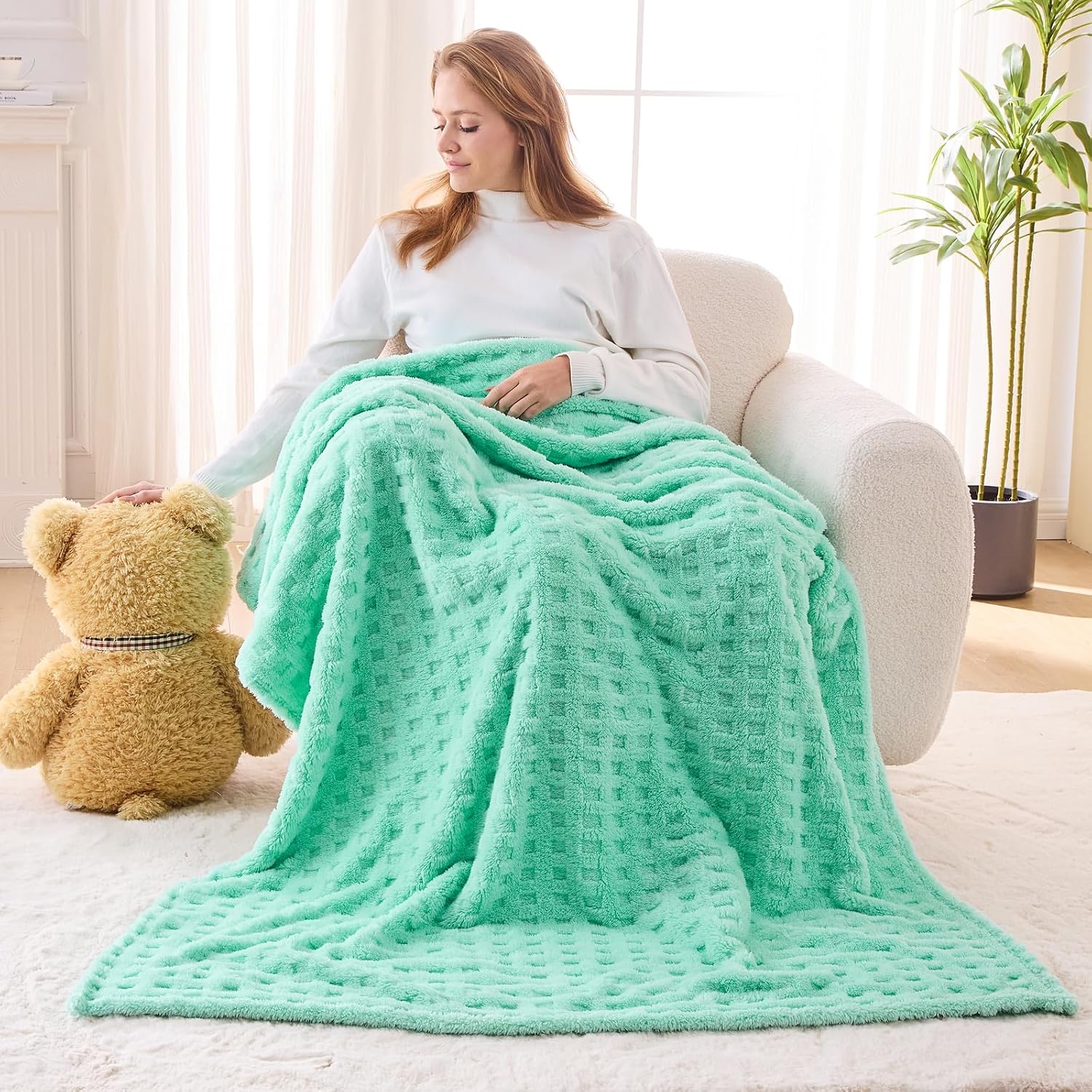 NEWCOSPLAY Flannel Fleece Throw Blanket, Aqua Waffle - Image 2