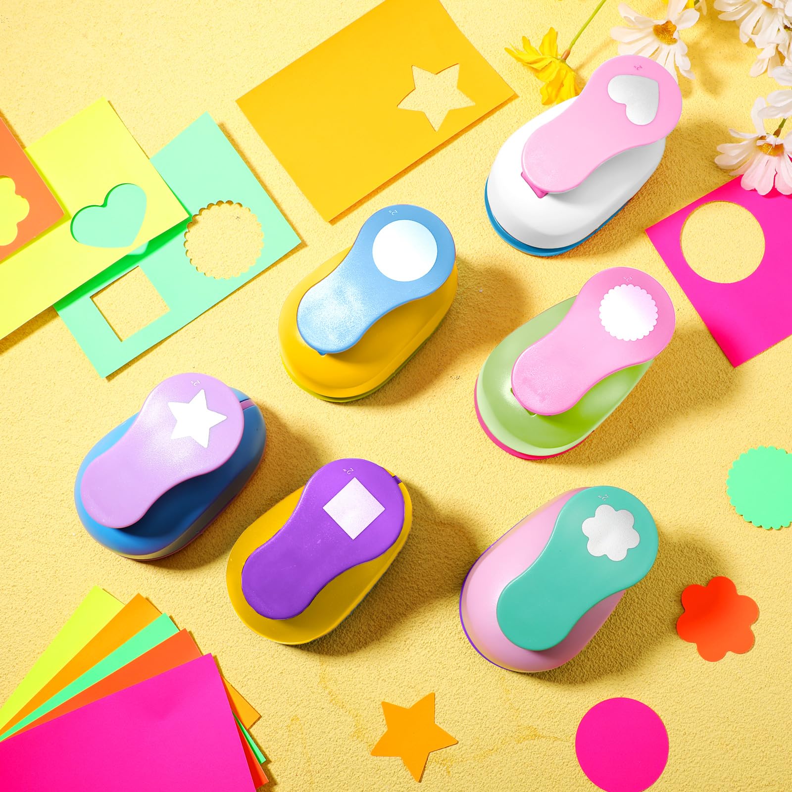 CHENGU 16 perforatori per carta, per scrapbooking, con carta adesiva artigianale, rotondi, stella, quadrato, cuore, fiore, onda (5 cm, diversi stili)