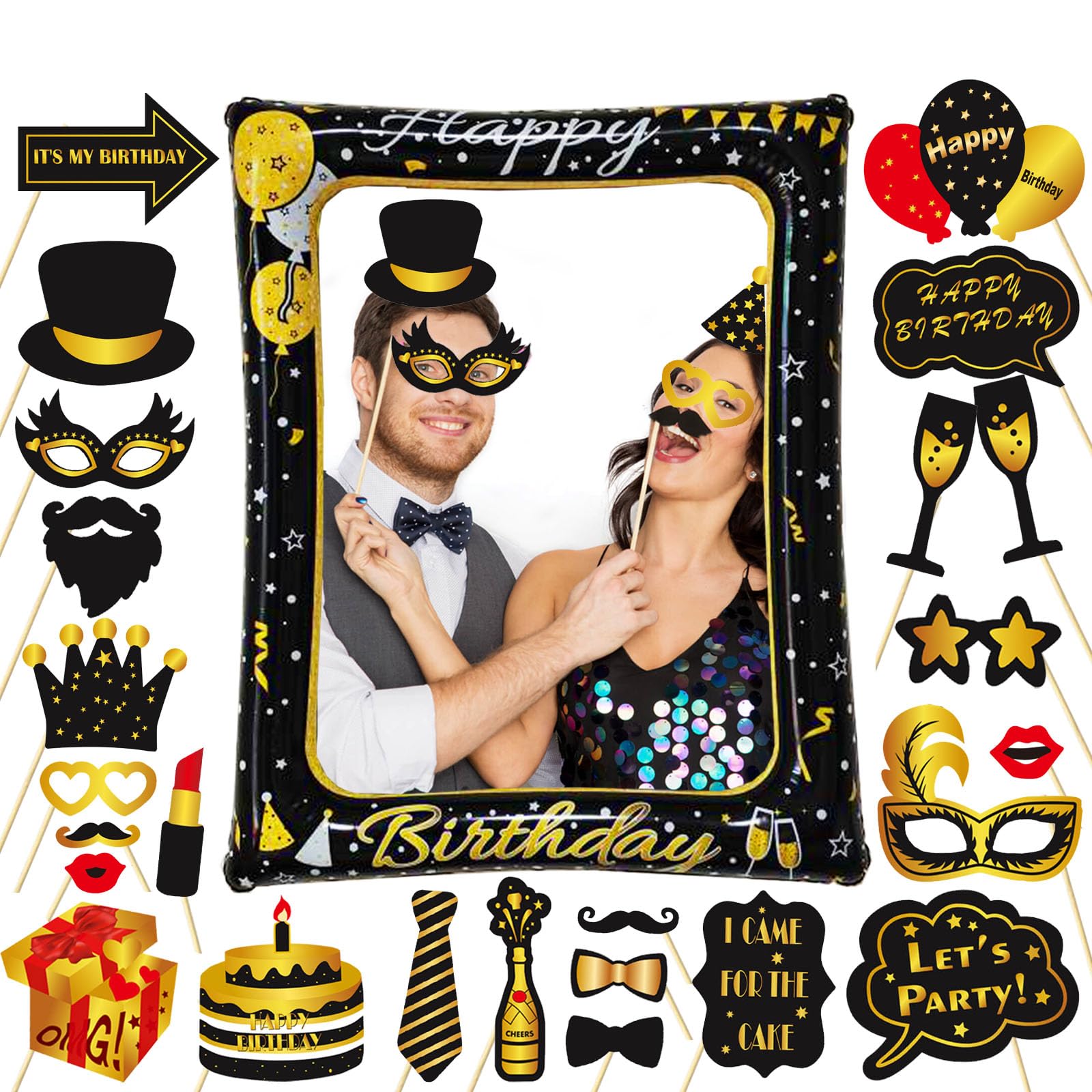 LMSHOWOWO30PCS Black Gold Birthday Photo Booth Props and Giant Inflatable Photo Booth Frame, Funny Selfie Props, Personalised Selfie Frame, for Birthday Party Decorations Men Women