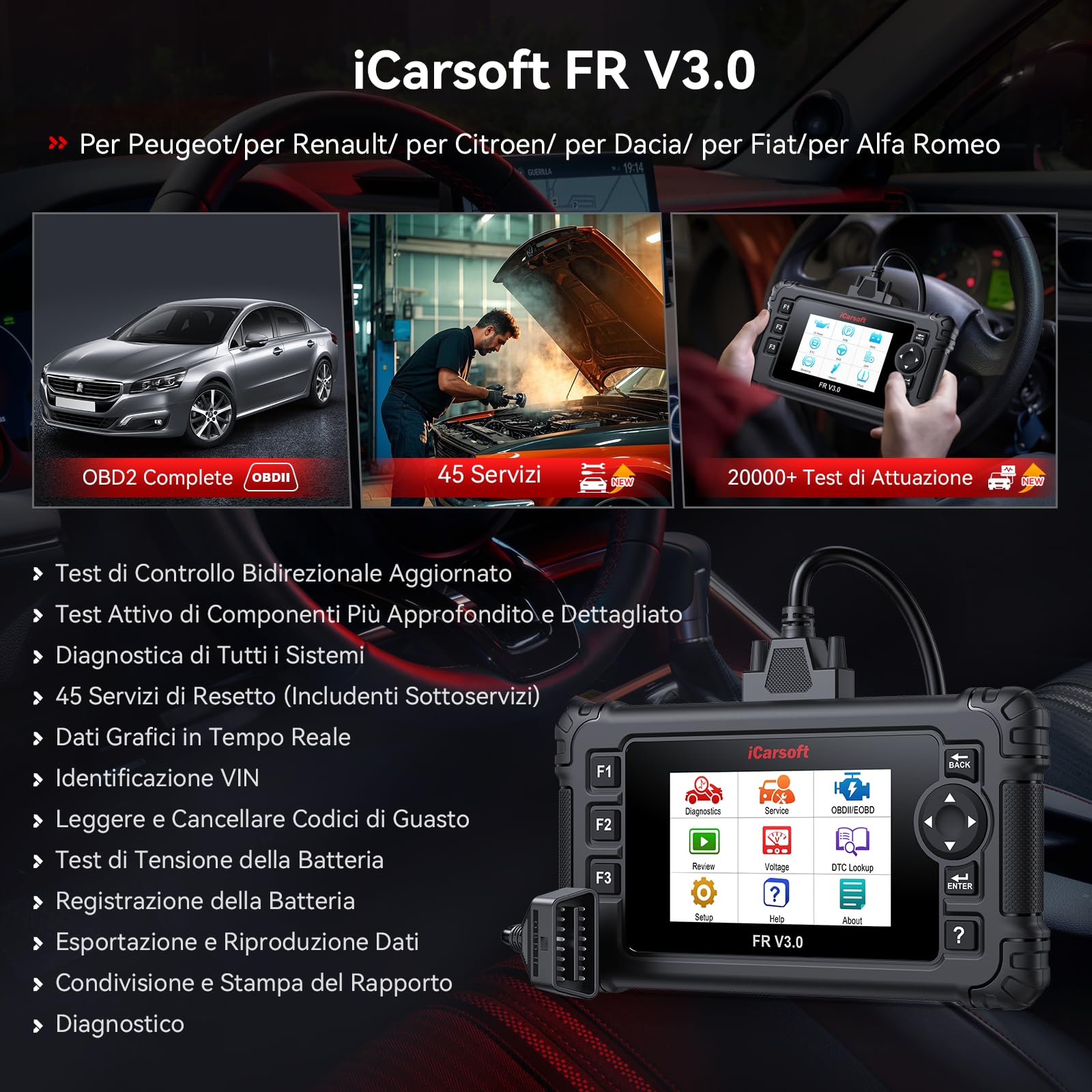 iCarsoft FR V3.0 OBD2 Auto Diagnostica per Marchi Francesi e Italiani, Diagnosi Auto Professionale in Italiano per Tutti i Sistemi, 45 Funzioni di Ripristino, Test Bidirezionale, Aggiornamento a Vita