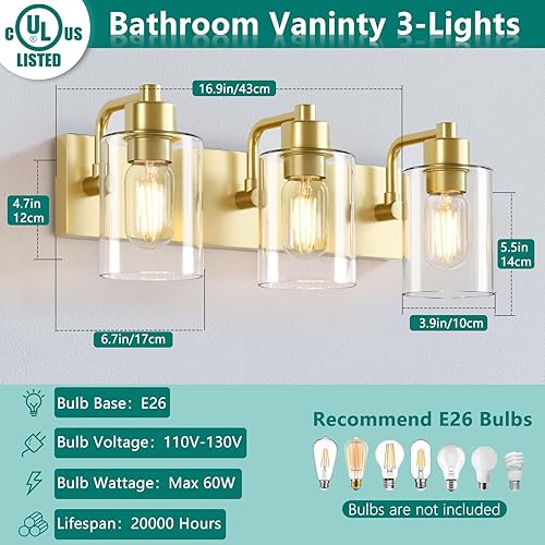 Miniatura 2 de Lámparas de baño doradas, 3 luces de baño sobre espejo con pantalla de vidrio transparente, apliques de pared dorados para cocina, sala de estar,