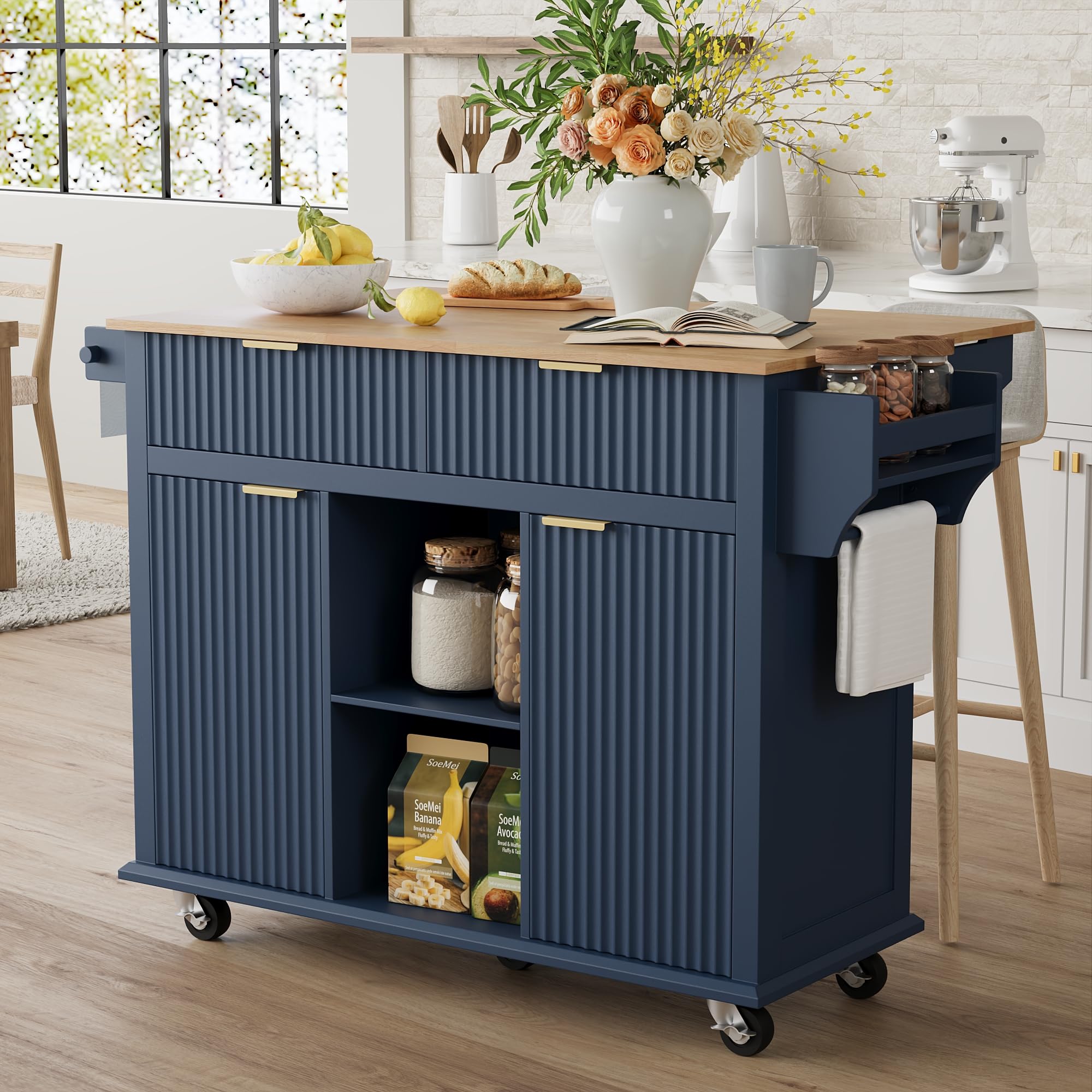 win2win Rolling Kitchen Island with Storage, Portable Fluted Kitchen Island with Drop Leaf, 2 Drawers and 2 Cabinets, Modern Farmhouse Kitchen Cart on Wheels with Towel Rack, Spice Rack, Blue