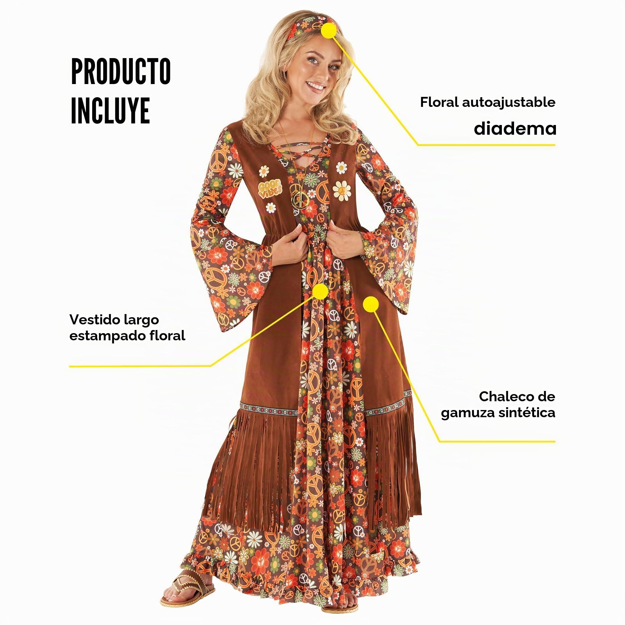 Morph Disfraz Hippie Mujer, Vestido Retro Años 70, Traje Vintage Fiesta, Disfraces para Carnaval y Halloween