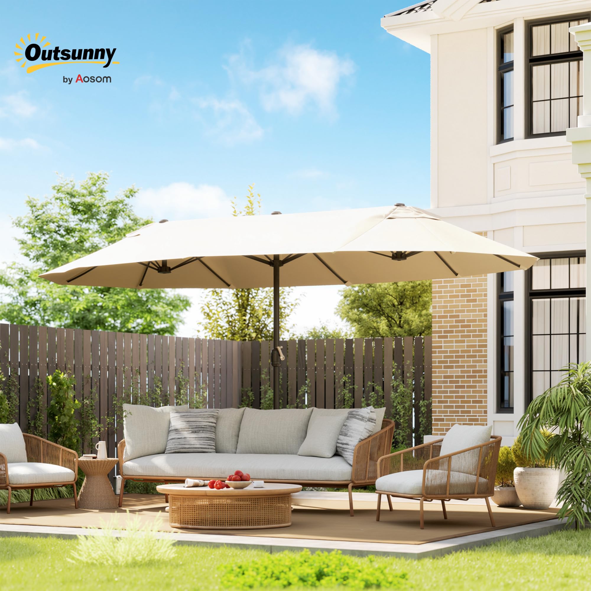 Outsunny Sombrilla Parasol Doble para Jardín 4,55x2,65x2,38 m Sombrilla Gigante Anti UV con Manivela para Exterior Patio Terraza Piscina Color Beige