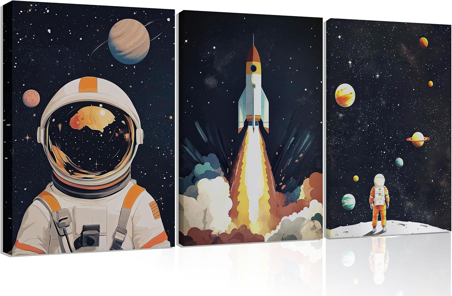 3Pcs Space Astronaut Canvas Wall art Cute Astronaut Nursery Galaxy Posters Modern Space Themed Print Rocket Pictures Toddler Boy Room Wall Decor for Adventure Kids Bedroom Nursery Room Framed