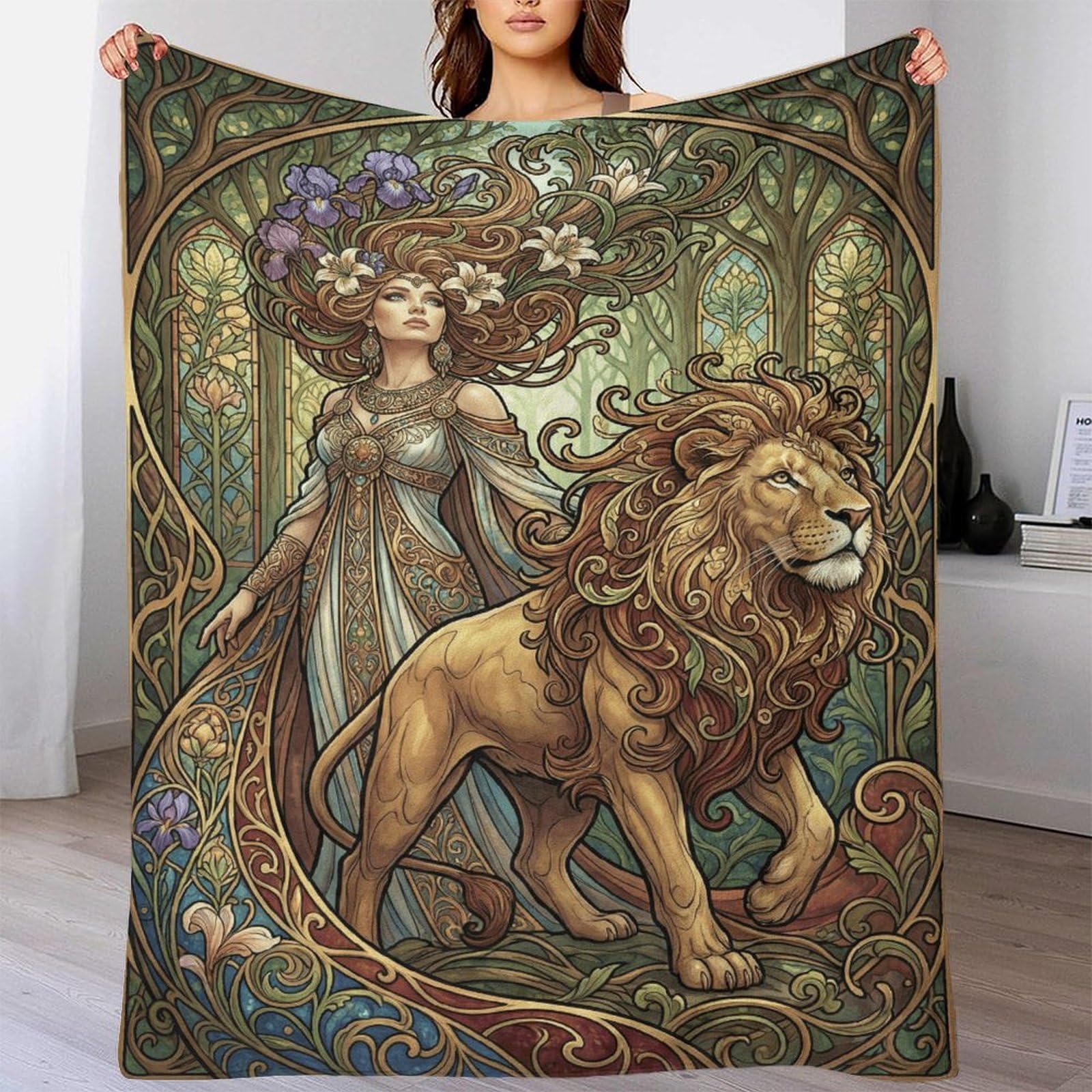 Art Nouveau Mucha Lion Flannel Throw Blanket, Reading Couch Use