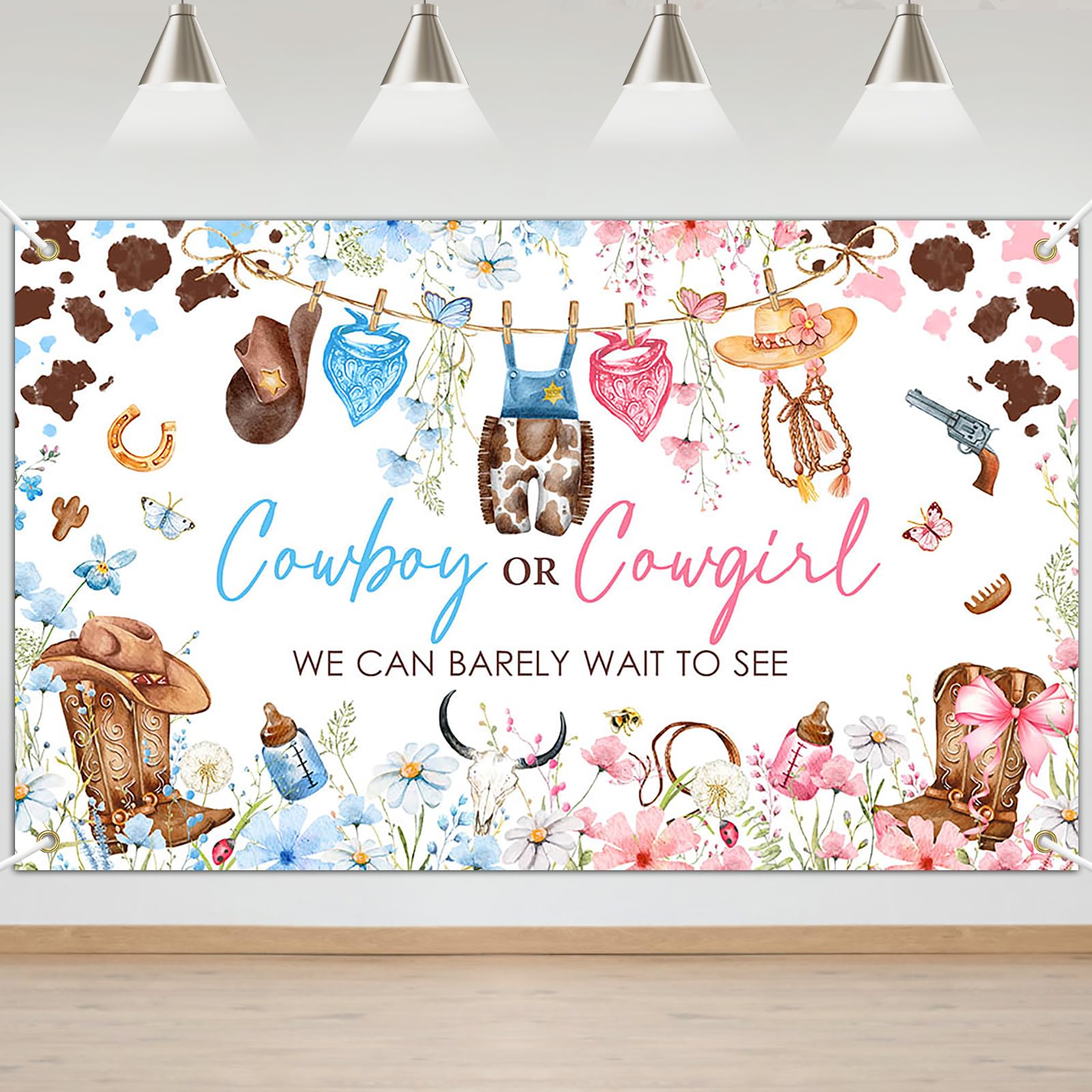 Mocsicka Cowboy or Cowgirl Gender Reveal Backdrop Banner Blue or Pink Floral Western Cowboy or Cowgirl Gender Reveal Party Decorations Photo