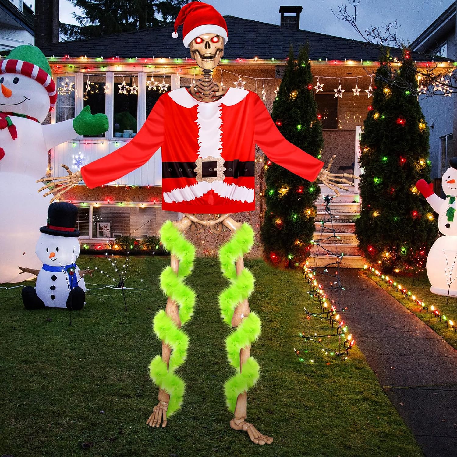 Cozypower Christmas 12 ft Skeleton Santa Costume Accessories - Includes Claus Shirt, Hat, 26 ft Lime Green Garland for Garden Lawn Decorations (Skeleton Not Included)