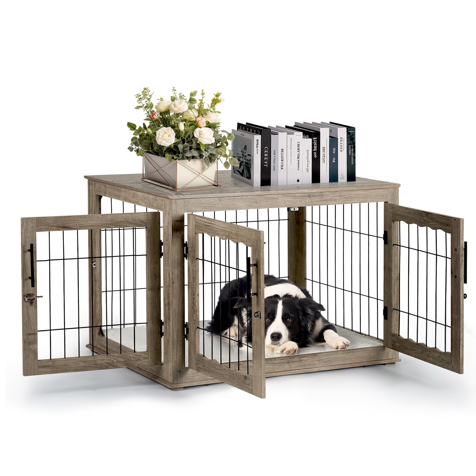 Dog Crate Furniture, 38 inch Large Dog Crates with Bed Mat, Wooden Dog Kennel Furniture, End Side Table Dog Cage with 3 Doors, Greige