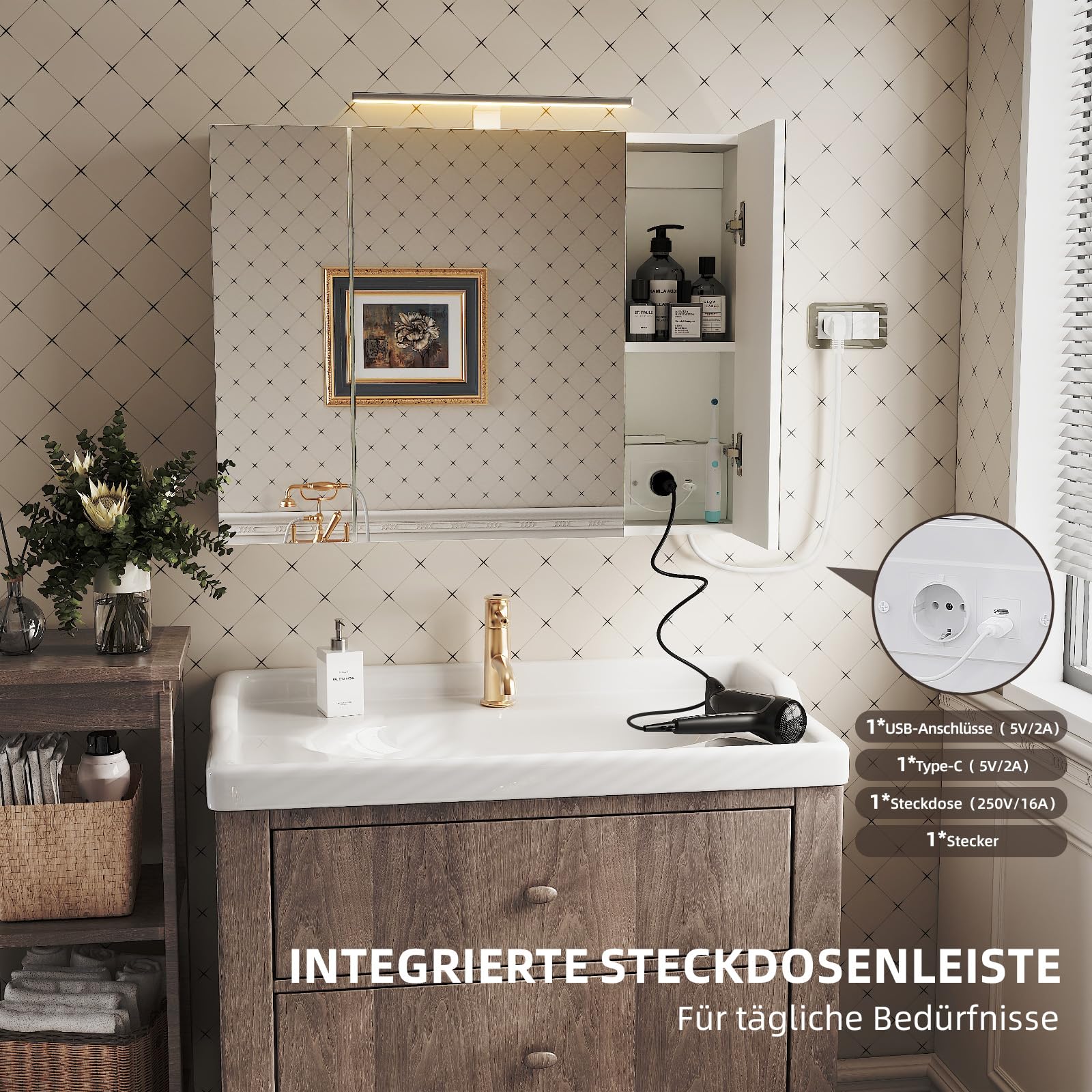 Spiegelschrank für Bad mit Beleuchtung 80x60 cm 3 Türen Badezimmerspiegel mit Steckdose höhenverstellbare Einlegeböden Wandspiegel mit Stauraum Badschrank mit Spiegel für Badezimmer (80x60cm)