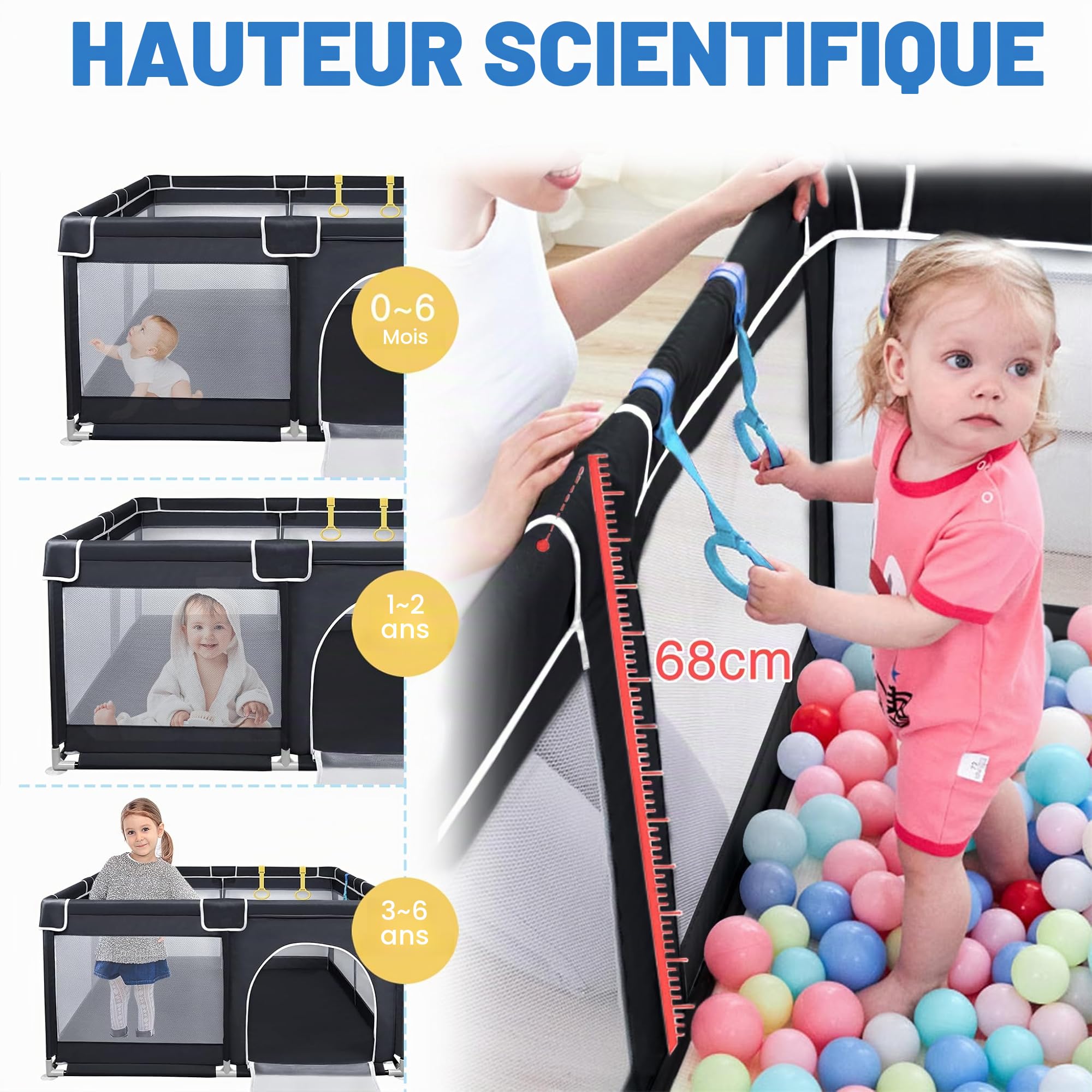 UISEBRT Parc pour bébé avec base antidérapante et filet respirant et 50 balles, grille de barrière stable pour enfants, noir, 127 x 127 cm
