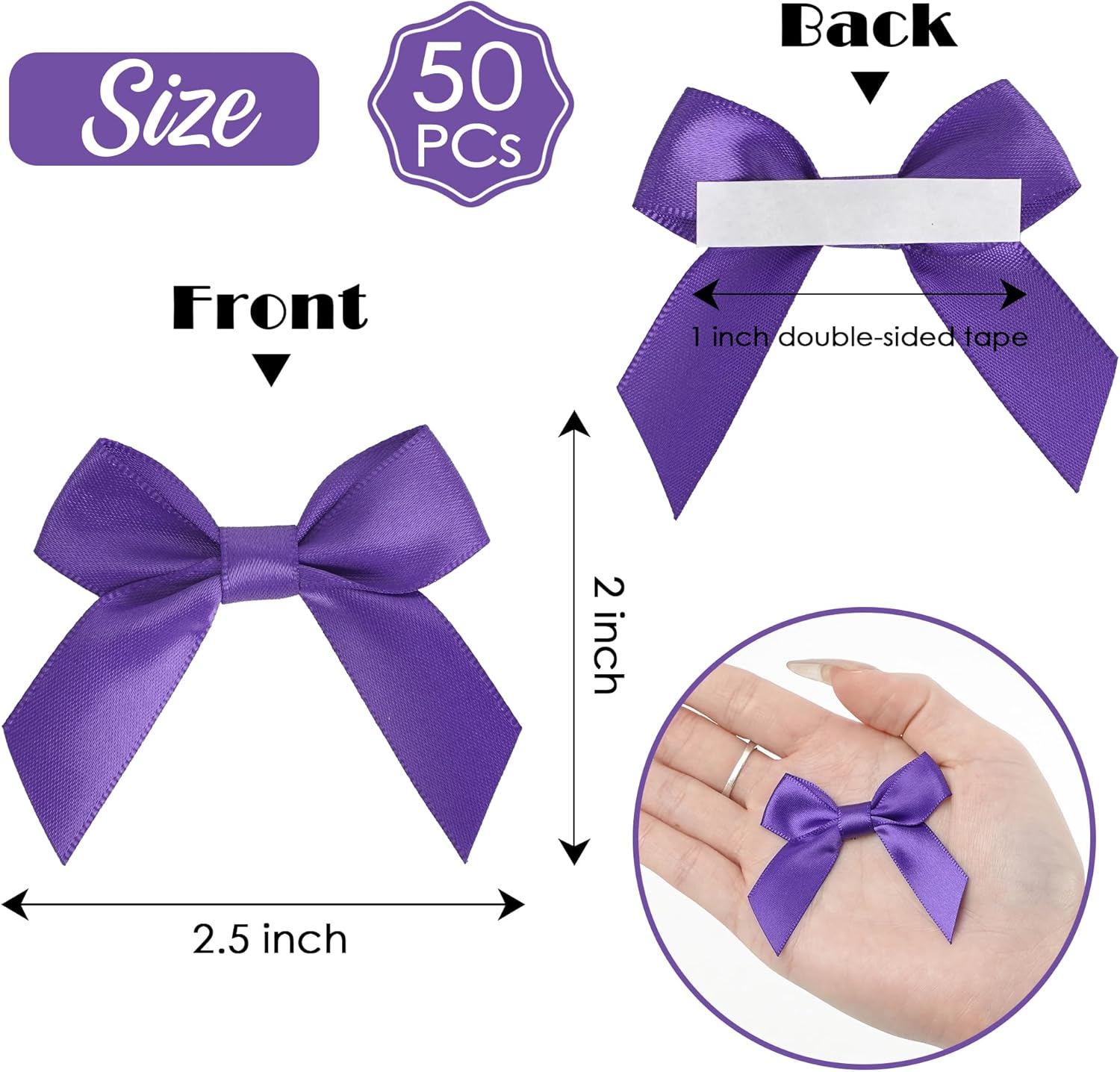 AIMUDI Purple Satin Ribbon Bows 2" Self Adhesive Satin Bows for Gift Wrapping Premade Bows with Double-Sided Tape for Making Crafts Baby Shower Birthday Party Wedding Decorations, 50 PCs