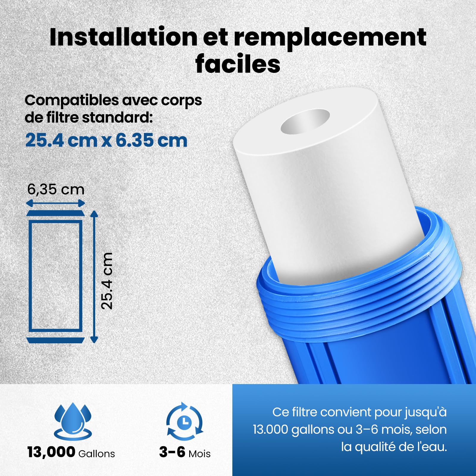 PUREPLUS Filtre à eau à sédiments 5 microns 10" x 2.5" Lot de 4 Cartouches Compatible Big Blue
