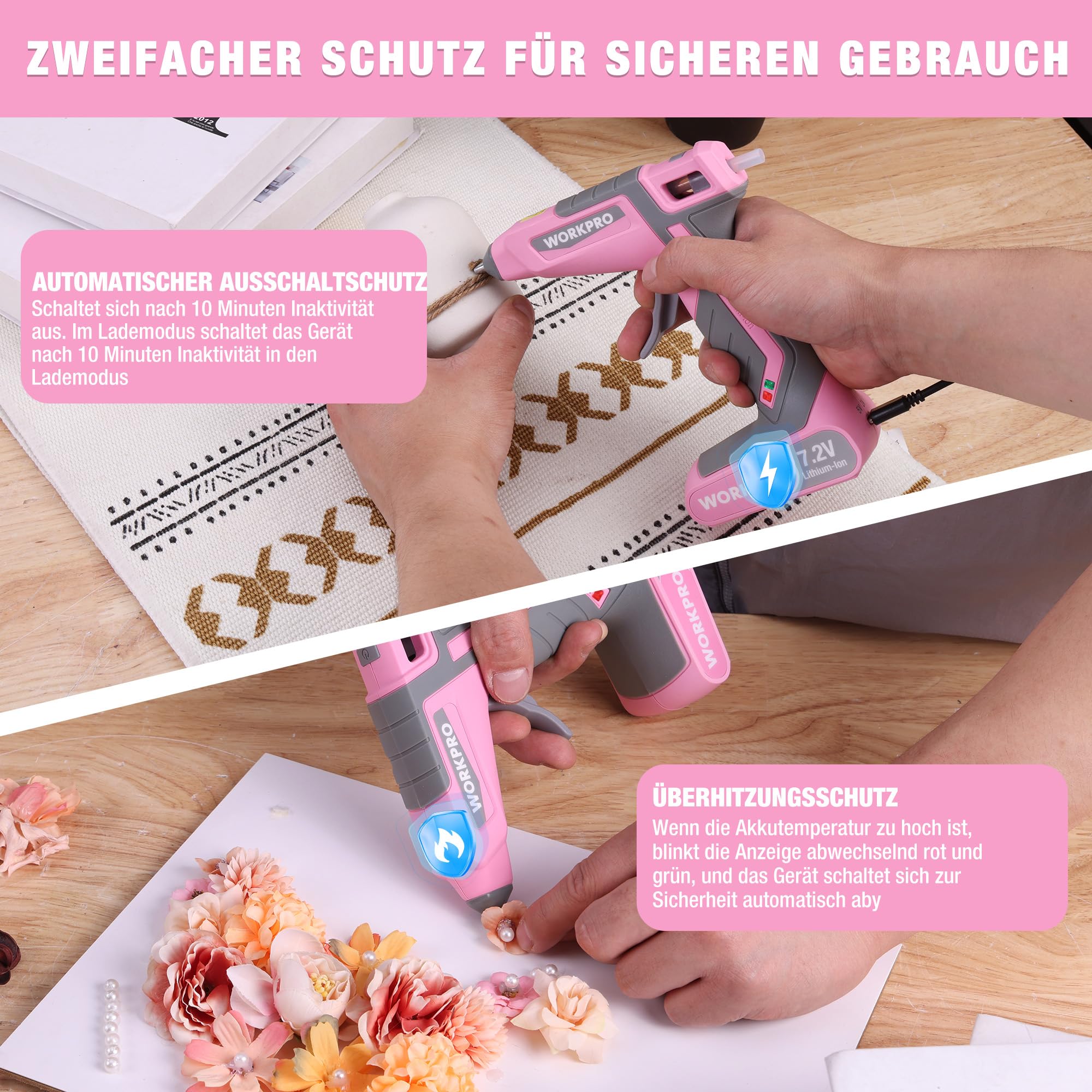 WORKPRO Heißklebepistole Akku 7,2V, Kabellos & mit Kabel Verwendbar, Akku Klebepistole mit 20 Klebesticks, 30s schnelle Aufheizung, Schnelle Klebstoffabgabe, USB-C-Aufladung, für Handwerk, Dekoration