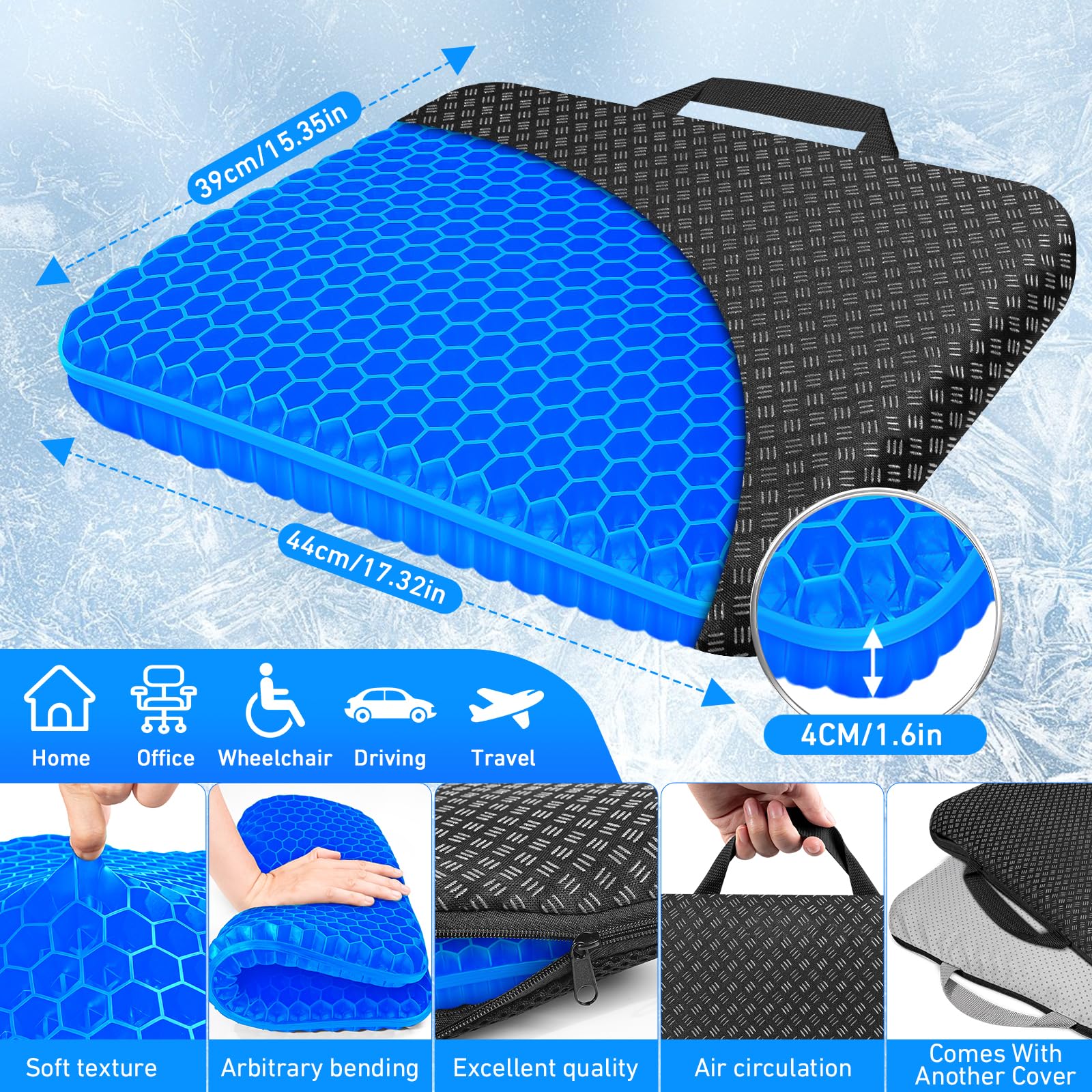 Vmingo Cuscino Gel Per Sedia,Cuscino antidecubito-Cuscino gel Elastico per Il Sostegno del Sedile,Fresco e Traspirante, Cuscino per Sedia Ufficio per Ridurre la Pressione Su Fianchi (Blu scuro)
