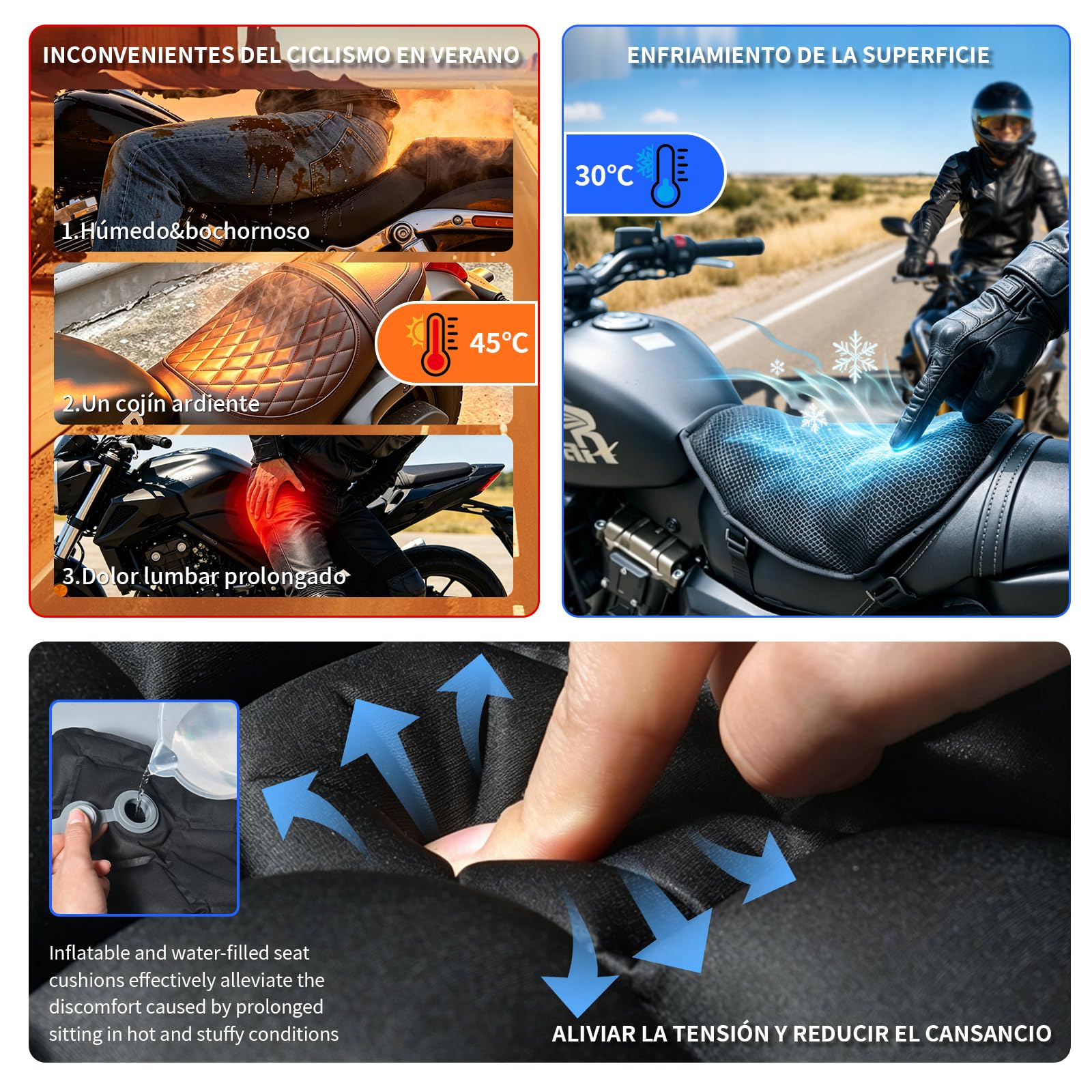 Cojín para Asiento de Moto – Inflable y Rellenable con Agua 2 en 1, Amortiguación Universal, Diseño Ergonómico, Base Antideslizante y Correas, Ideal para Viajes Largos (Negro)