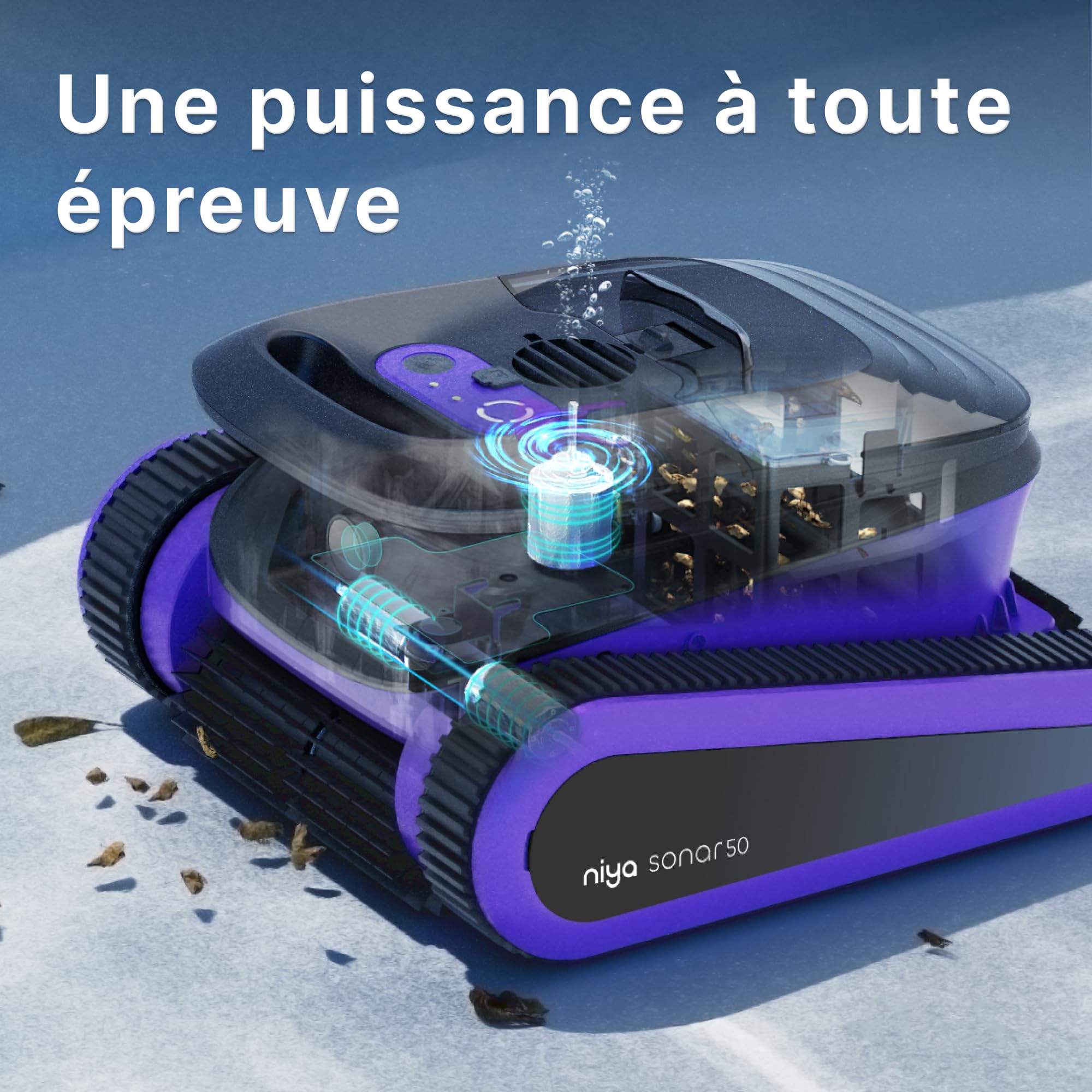 Niya Sonar 50 Robot Piscine sans Fil avec App, Navigation Intelligente, Nettoyage Ligne d’Eau, Système de Filtration Fine, pour Piscines Enterrées & Hors Sol Jusqu’à 12 m