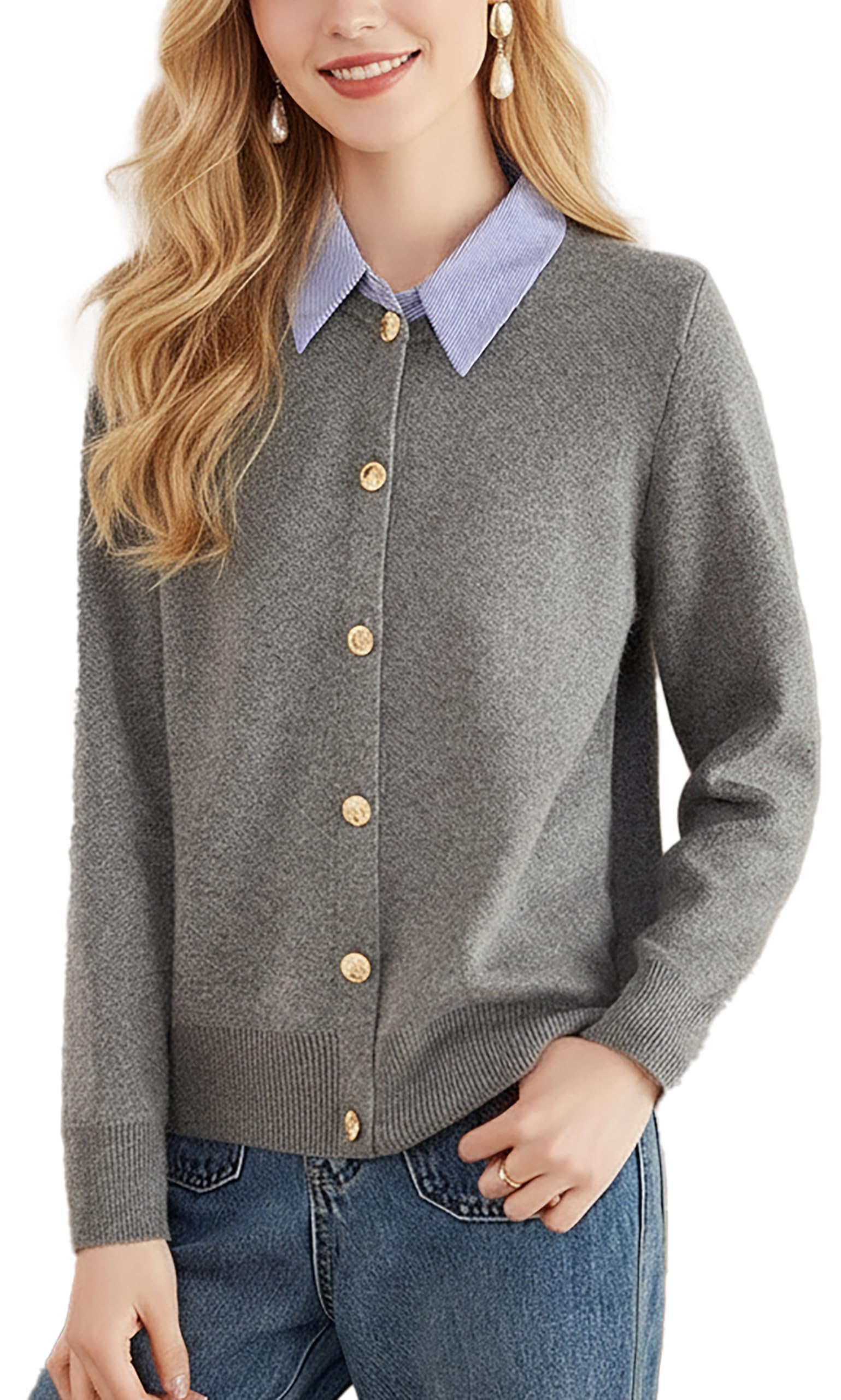 LAI MENG FIVE CATS Womens Long Sleeve Sweater Color Block Collar Ribbed Knit Cardigan Button Tops
