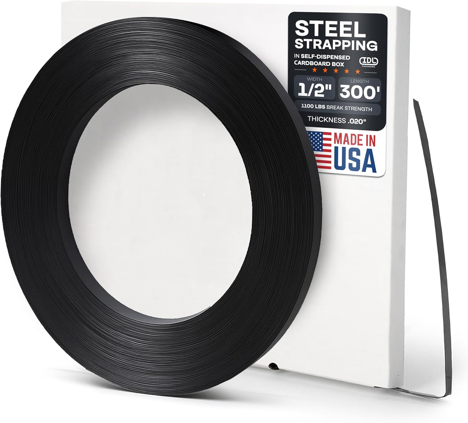 IDL Packaging 1/2" x .020" x 300' Steel Strapping Coil (1100 Lbs Break Strength) in Self-Dispensed Сardboard Box - Portable Strong Banding with Superior Cut-Resistance - Heavy Pallet Strapping
