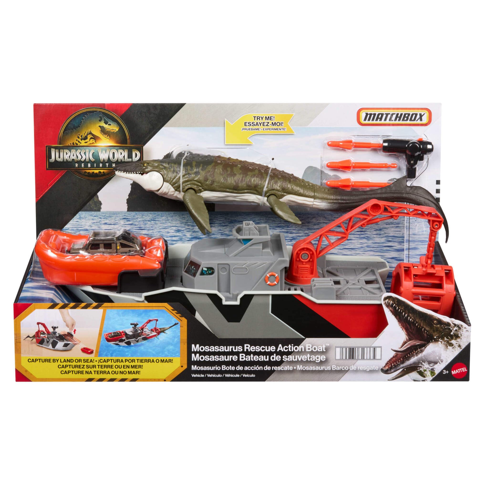Mattel Jurassic World: El Renacer Matchbox Barco de rescate y mosasaurio, Conjunto de juego, barco de rescate dinosaurio, Jeep metálico, misiles arpón y bote de rescate desmontable, JGG61