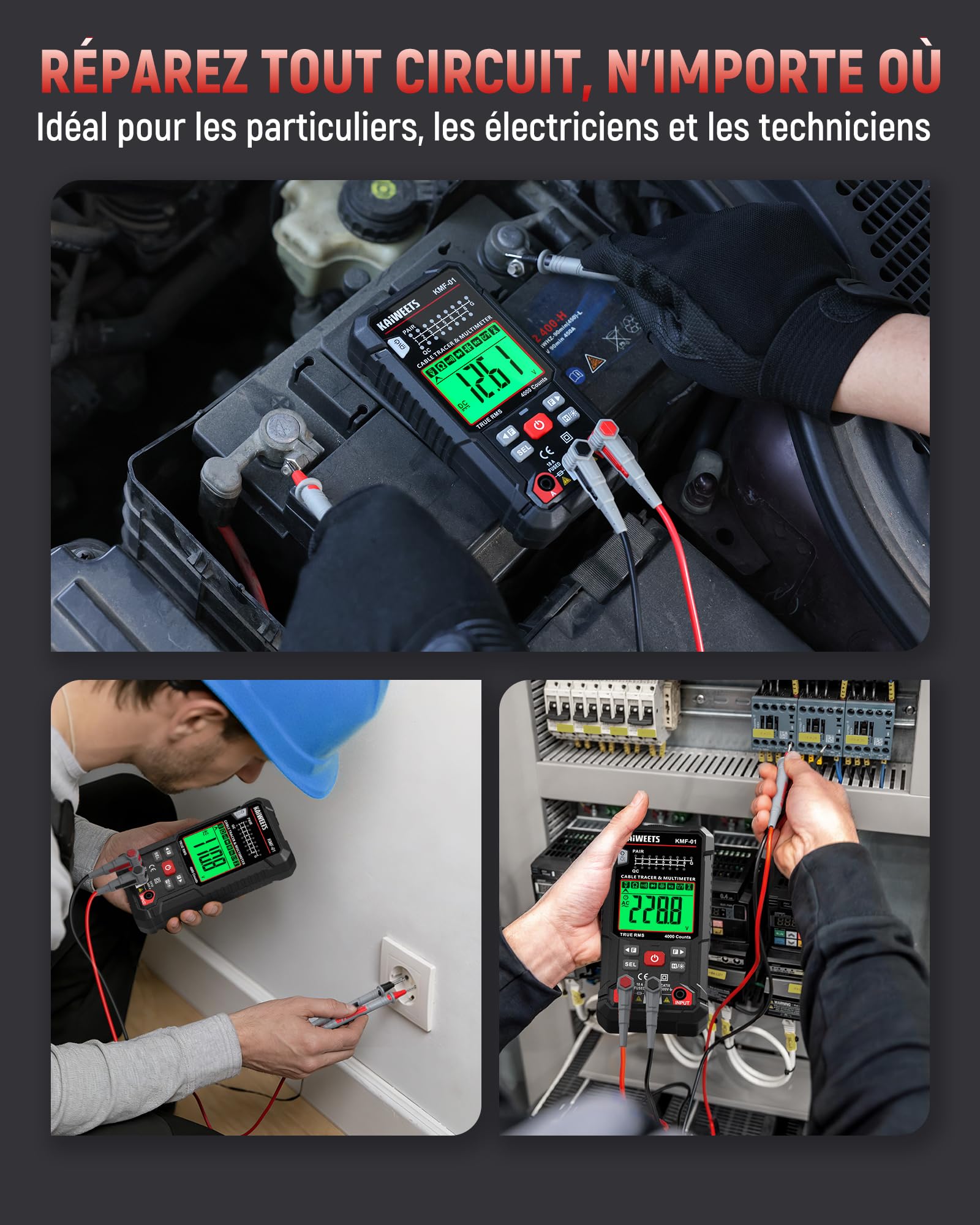 KAIWEETS Multimètre Numérique & Détecteur de Câbles 3-en-1, Multimètre Digital Automatique de Valeur Efficace Vraie 4000 Comptes, Testeur de Câbles RJ45/RJ11 et NCV pour Electriciens, Bricoleurs, Etc