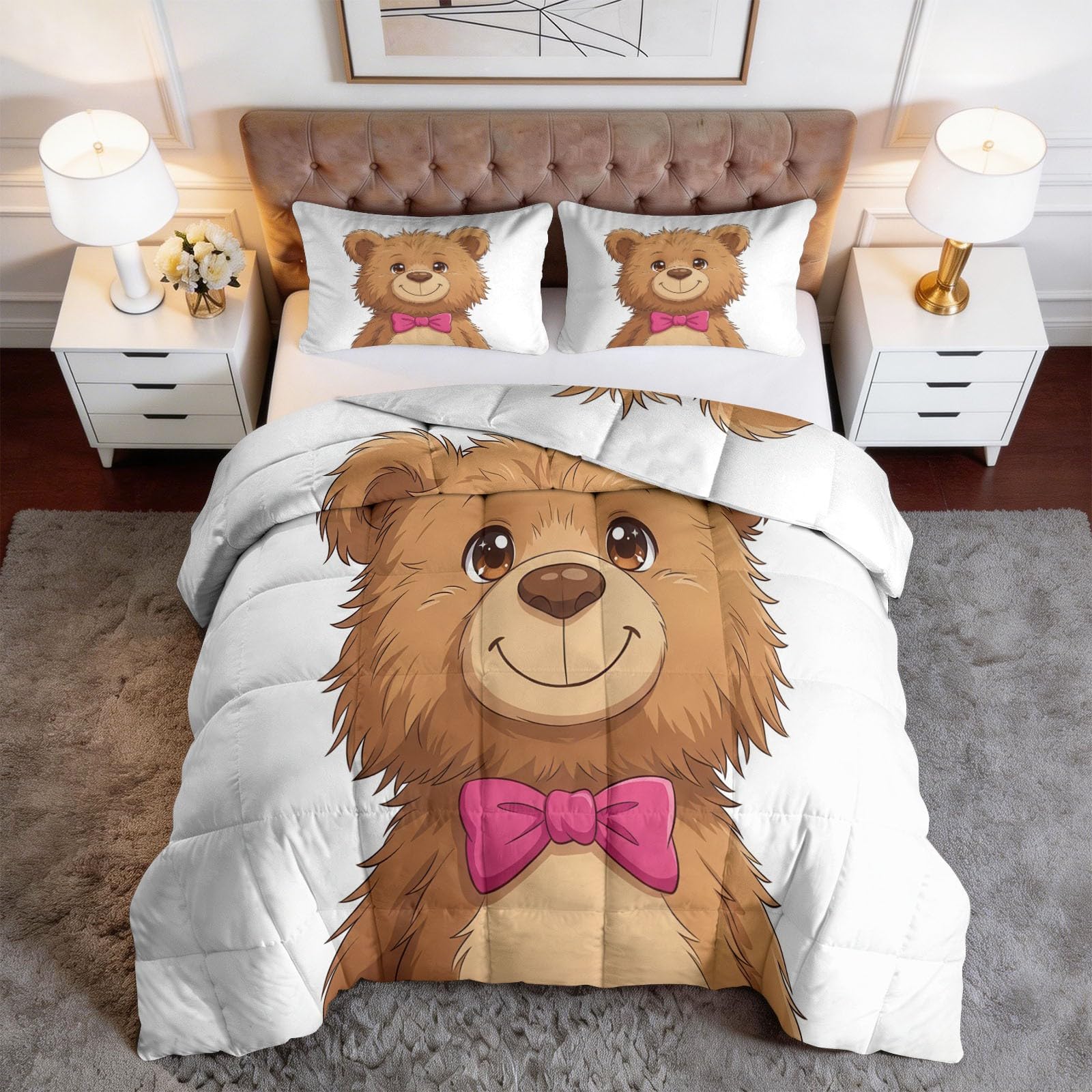 Generico Completo Copripiumino Imbottito 200 x 200 cm Campagna Animali Orsacchiotto Trapunta Tutto in Uno, Microfibra Traspirante & Lavabile Edredón – Set 3 Pezzi con 2 Federe, Design Elegante, Beige