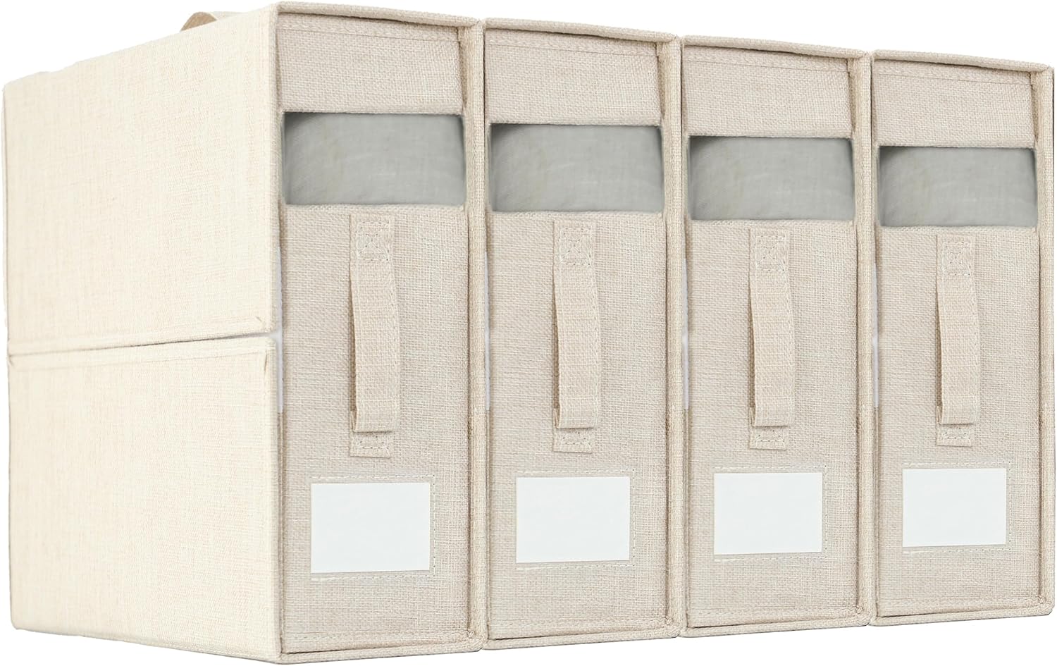 TAKUKA 4 Pack Bed Sheet Organizers and Storage，Foldable Linen Closet Organizers with Window，Handle and Label ，Blanket and Duvet Organizing Bedding Container Queen/King Size (linen)