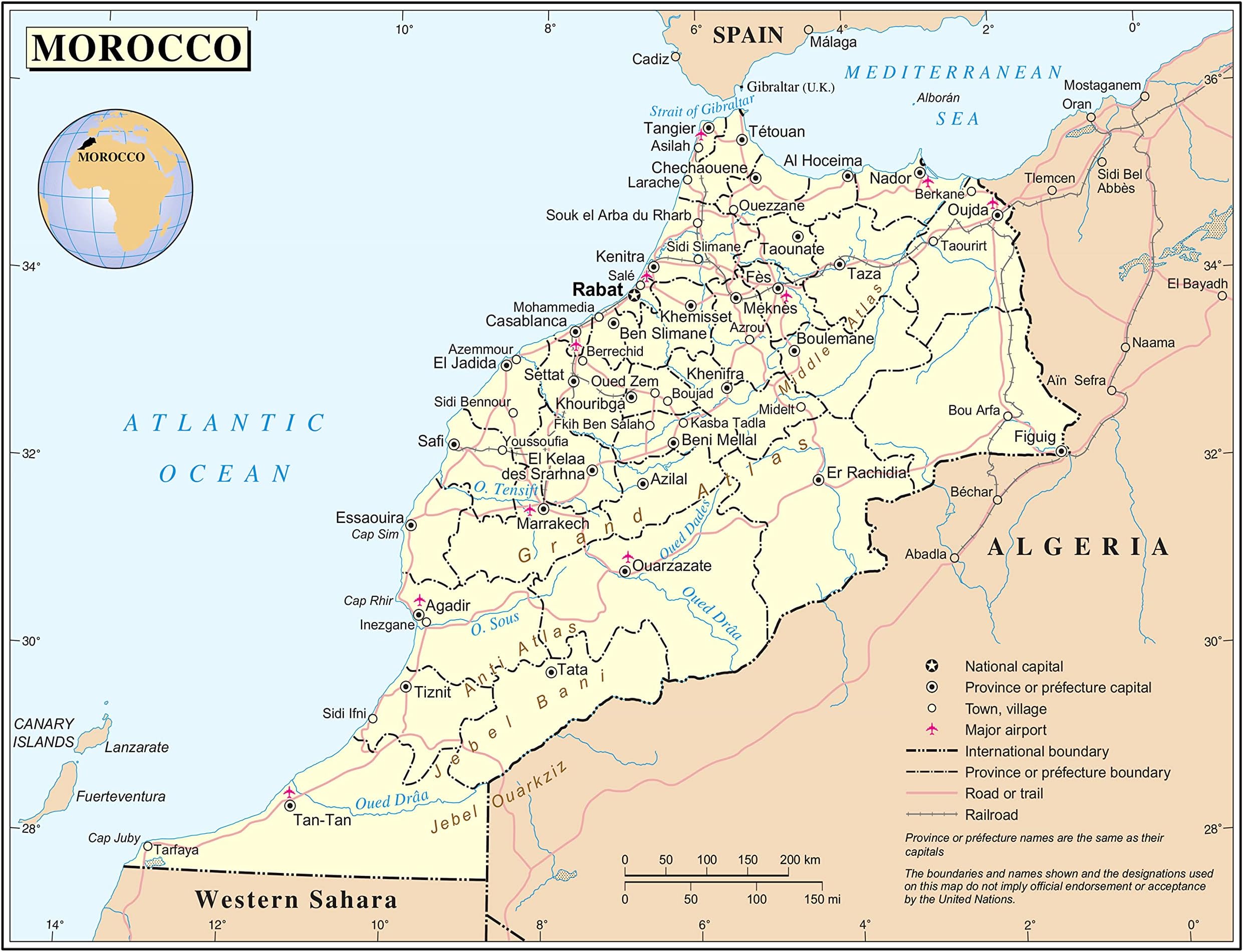 Palmetto Posters 24x31 Laminated Poster: Large detailed political and administrative map of morocco with roads railroads cities and airports