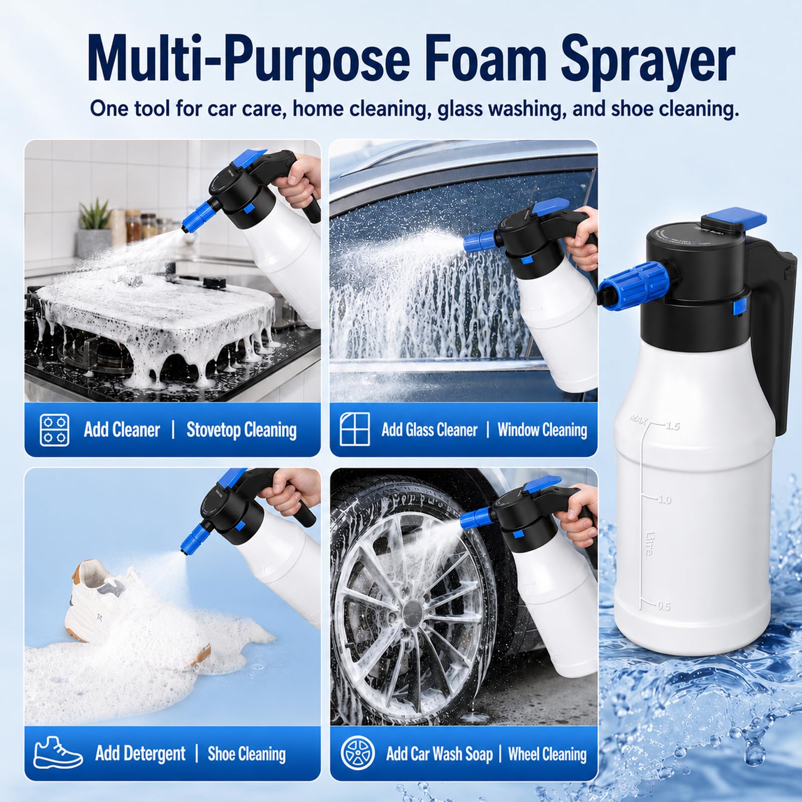 Pulvérisateur À Mousse Électrique 1,5 L, Pulvérisateur De Jardin Électrique À Pression Portatif Rechargeable Par Usb, Paire Gants Lavage Auto Pour Nettoyage Du Jardin,Voiture Et Maison