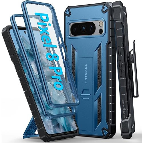 FNTCASE for Google Pixel 8 Pro Case: Built-in Screen Protector & Kickstand & Belt-Clip Holster, Extra Front Frame, Full-Body Dual Layer Rugged Military Shockproof Cell Phone Protective Cover- Blue