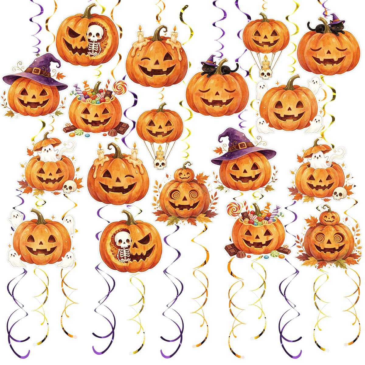 48 Pack Halloween Pumpkin Hanging Swirls, Orange Purple Halloween Party Decorations with Skull, Black Cat & Hat Designs for Haunted House Party Supplies