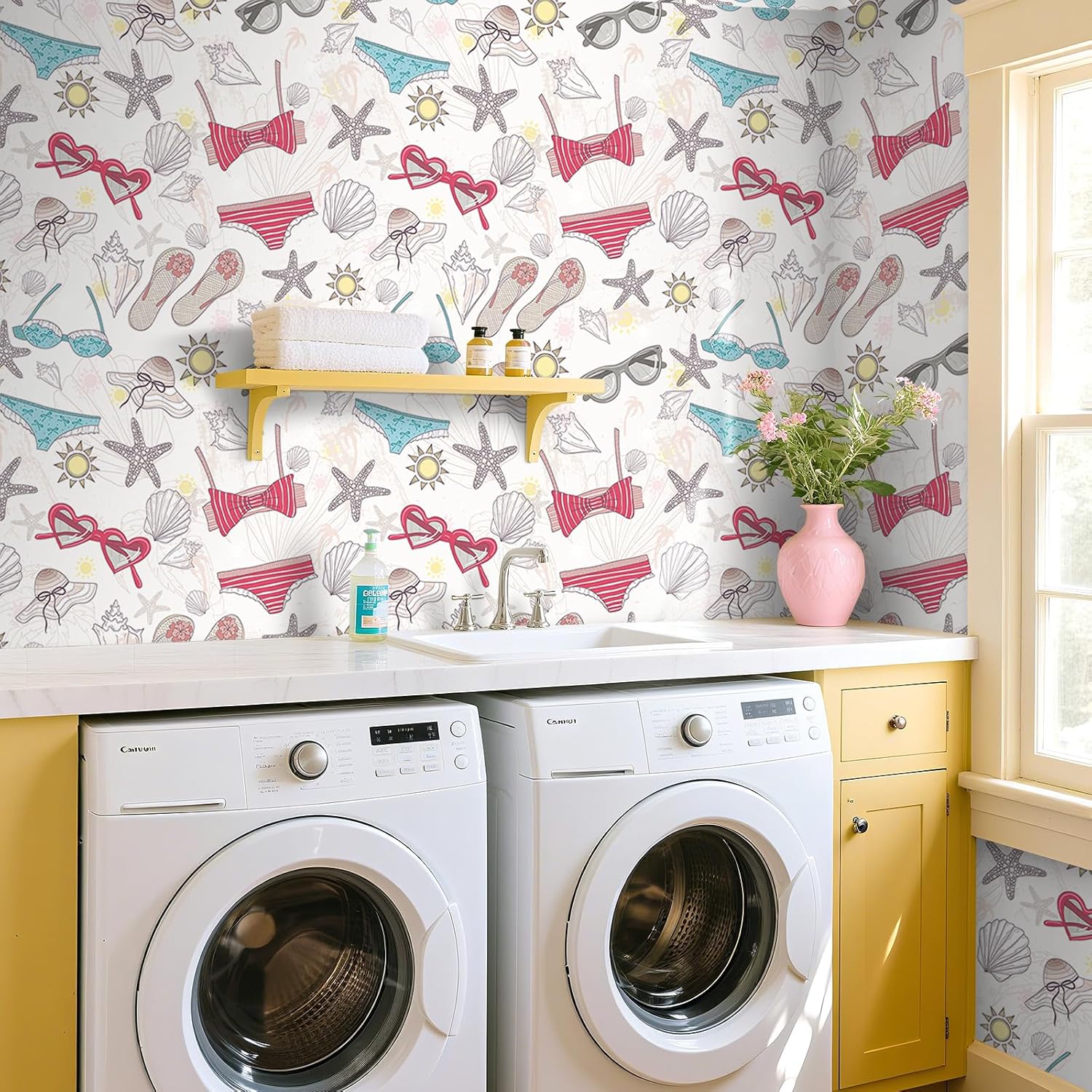 ReWallpaper 17.5inx23ft Coastal Wallpaper Peel and Stick Beach House Decor Self Adhesive Seashell Starfish Beachy Wallpaper for Bedroom Living Room Wall Nautical Theme Waterproof Summer Vacation Style