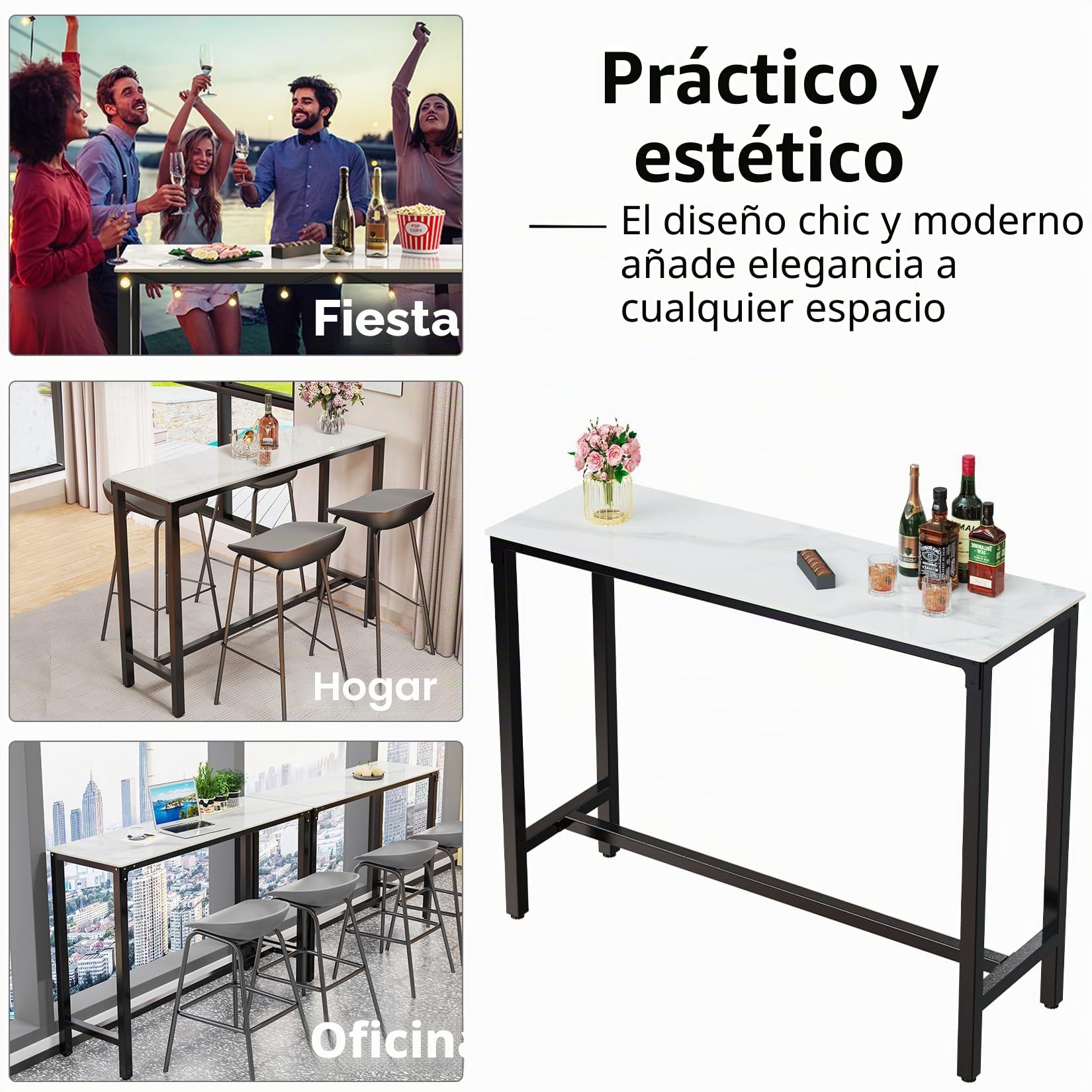 FATIVO Mesa de Bar Alta Mármol Rectangular: 120 x 40 x 105 cm Mesa Barra Comedor Barra Americana Cocina de Piedra Sinterizada para Cóctel Bistro Hogar Cafetería Tapas, Blanca Brillante (Blanco)