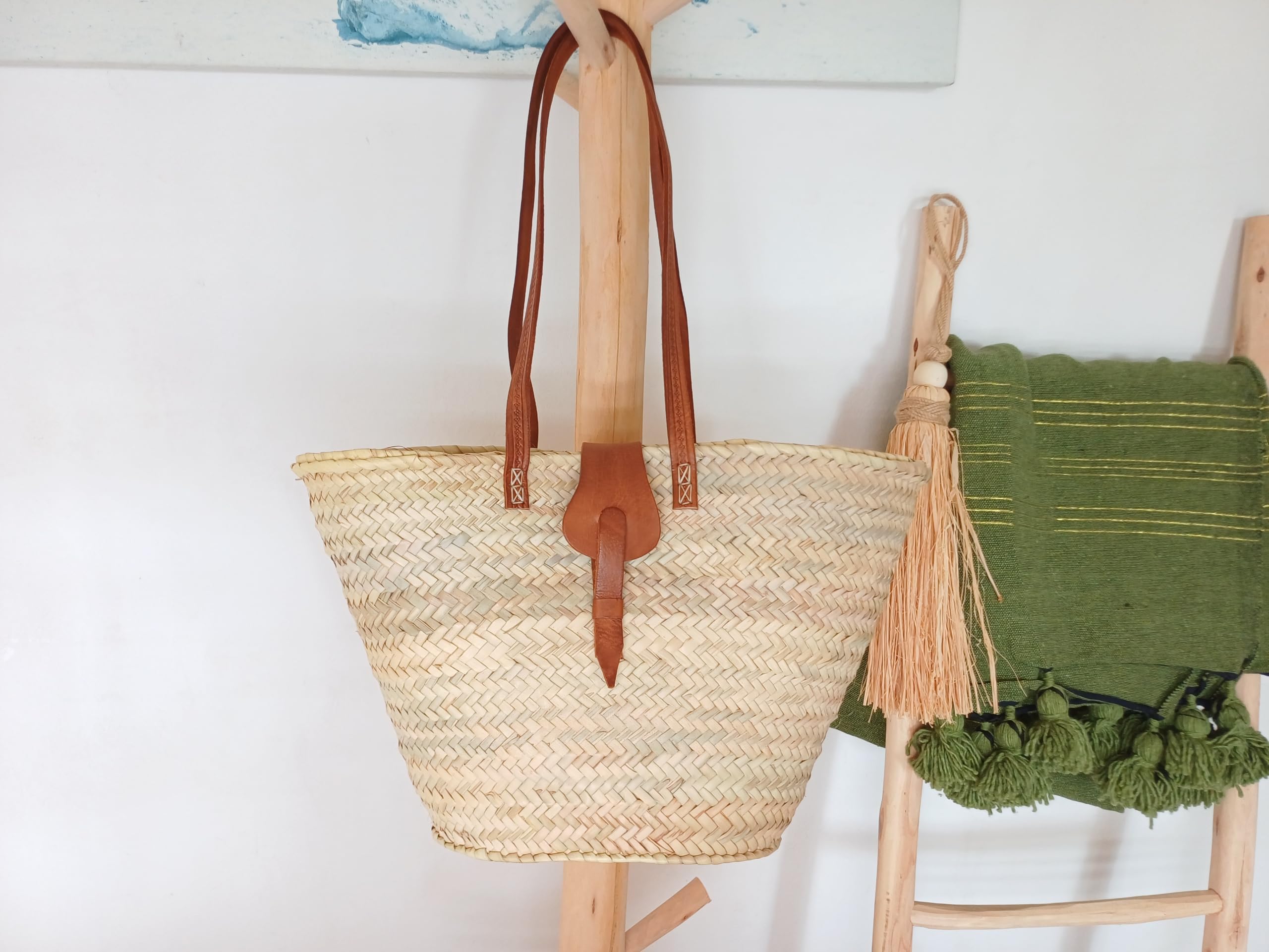 Capazo de playade paja, Bolso de playa Palma Tejida, Asas Largas y Cierre de Cuero, Aprox.: 50x30x20 cm, Natural
