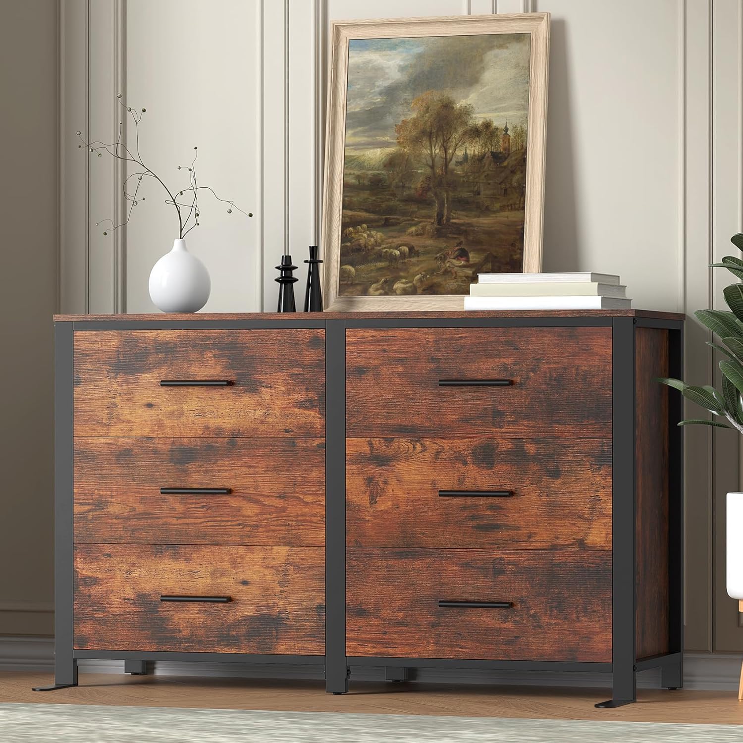 Frmobepts Rustic Brown Dresser for Bedroom, Wide Wood Dressers Furniture with 6 Wooden Drawer and Metal Frame, TV Stand with Deep Drawer (Rustic Brown) : Home & Kitchen