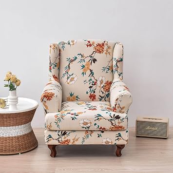 Chickwin Stretch Wingback Chair Slipcover, Vintage Flower Living Room Chair Covers Furniture Protector, Spandex Wing Back Chair Covers with Arms Orange Flower