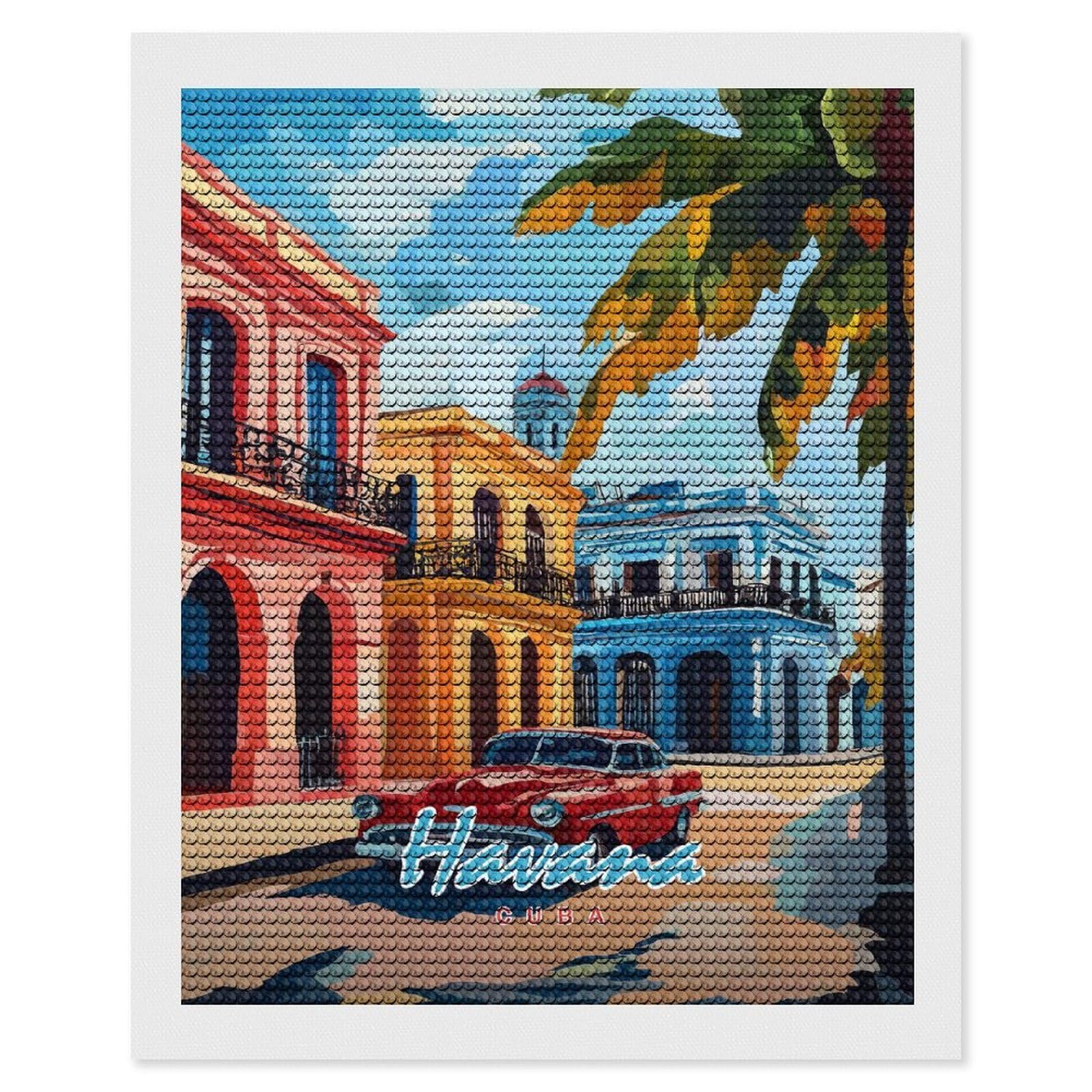 Junmoney Havana Street Scene DIY Diamond Art Canvas Kit 16"x20", Complete Accessories, Creative Leisure Activity, Home Wall Decor, Gift Idea