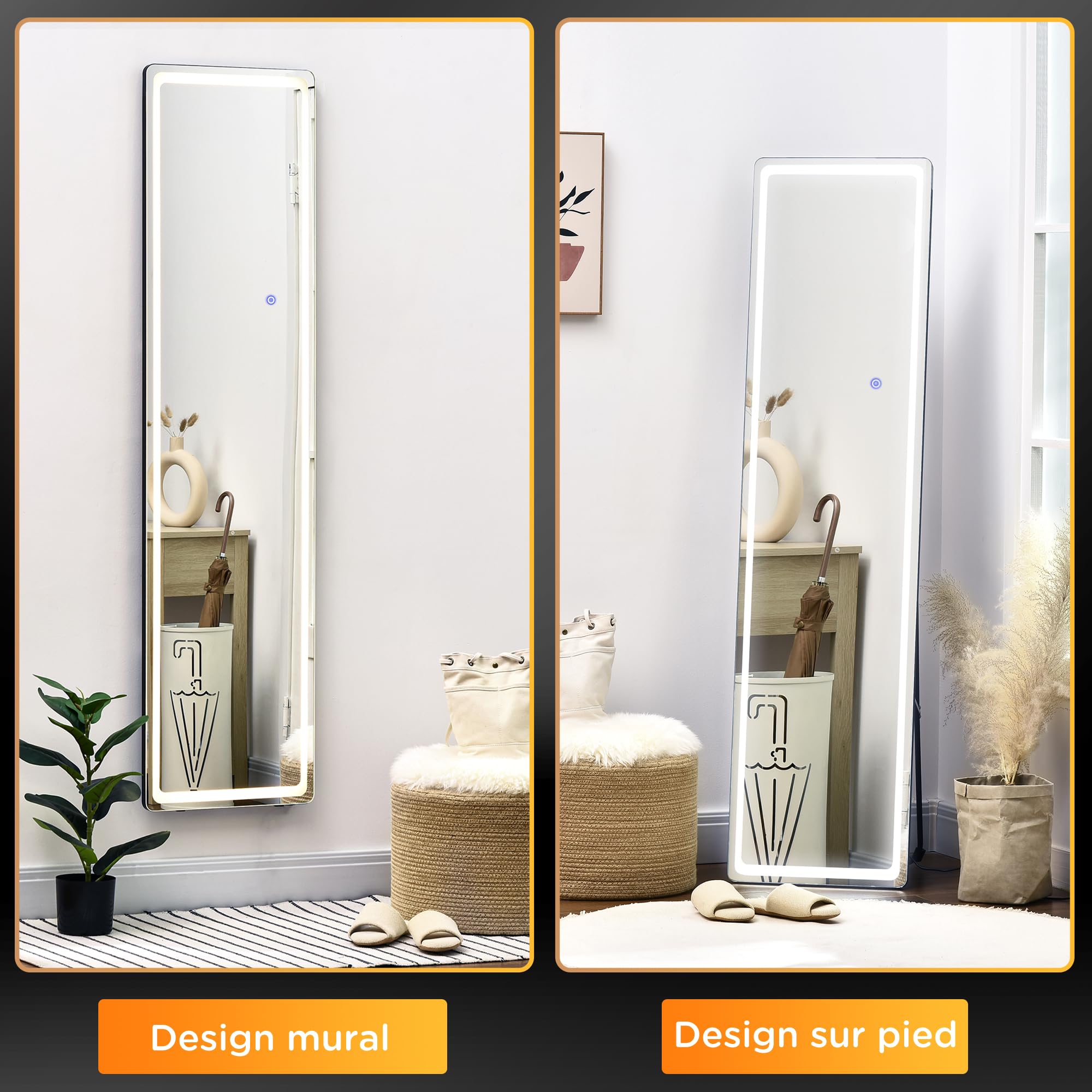 HOMCOM Miroir sur Pied Rectangulaire Lumière LED 40 x 37 x 157,5H cm