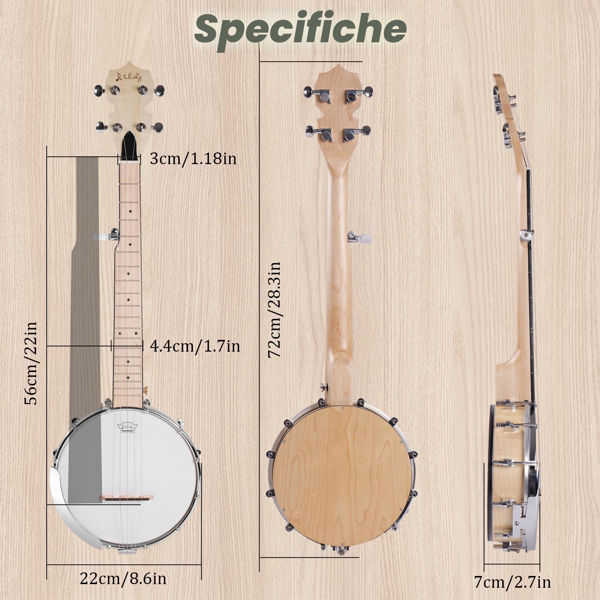 Mulucky B805 - Banjo da viaggio a 5 corde, 66 cm, in acero, con parte posteriore solida chiusa, kit per principianti, con custodia, accordatore, plettri, tracolla