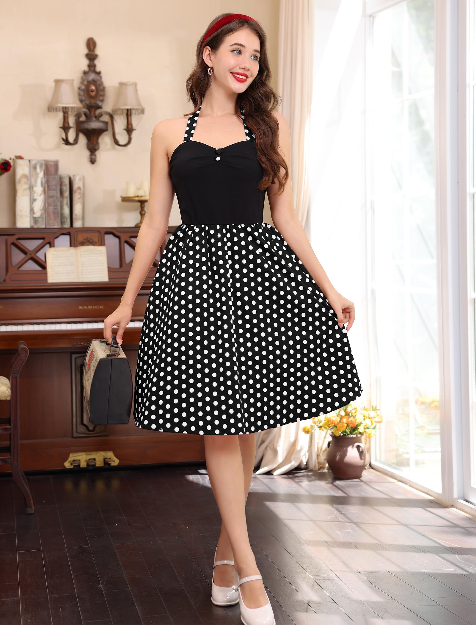 Robe de cocktail rétro pour femme, style années 50, pin-up, dos nu, à pois, noir, Taille L
