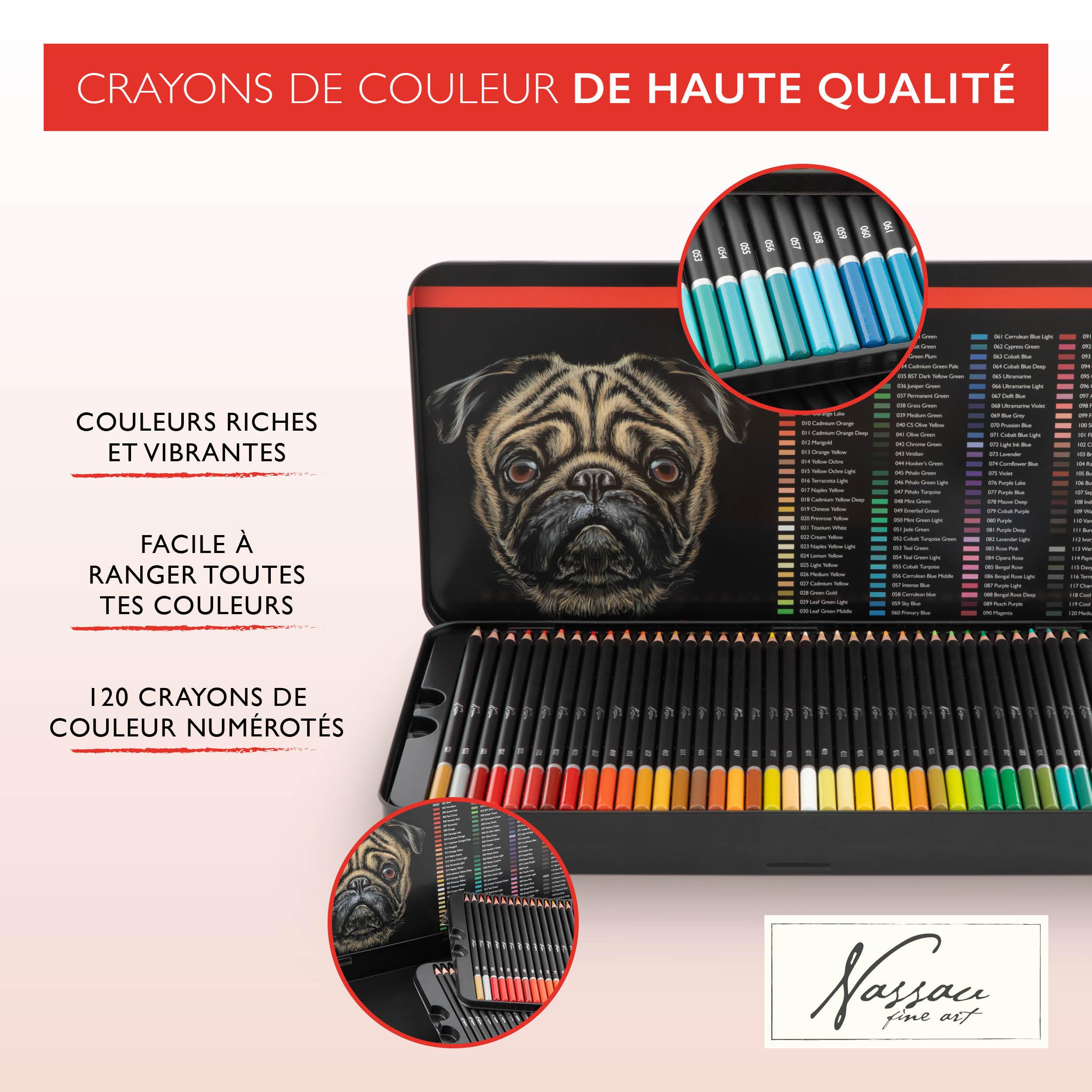 VAN NASSAU FINE ART Lot de 120 Crayons de Couleur Professionnels dans Une boîte de présentation en tôle | Crayons en Bois | Mines de Couleur de qualité supérieure | pour Enfants et Adultes