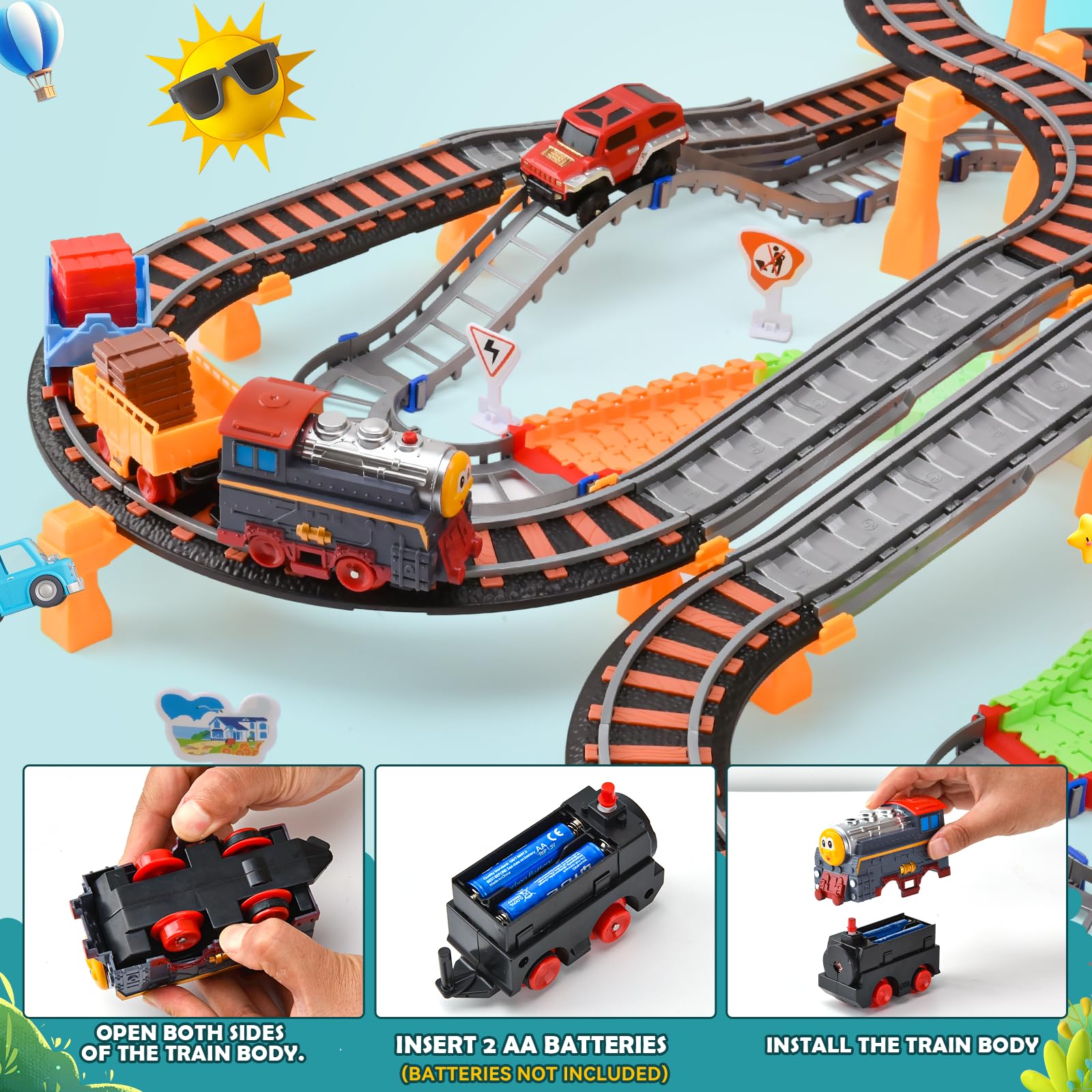 Trenino Elettrico per Bambini, 215 PCS Piste Macchinine per Bambini, Giocattolo Auto Pista Flessibile, Piste per Automobili con Ponte, Regalo Natale Compleanno 3-12 Anni