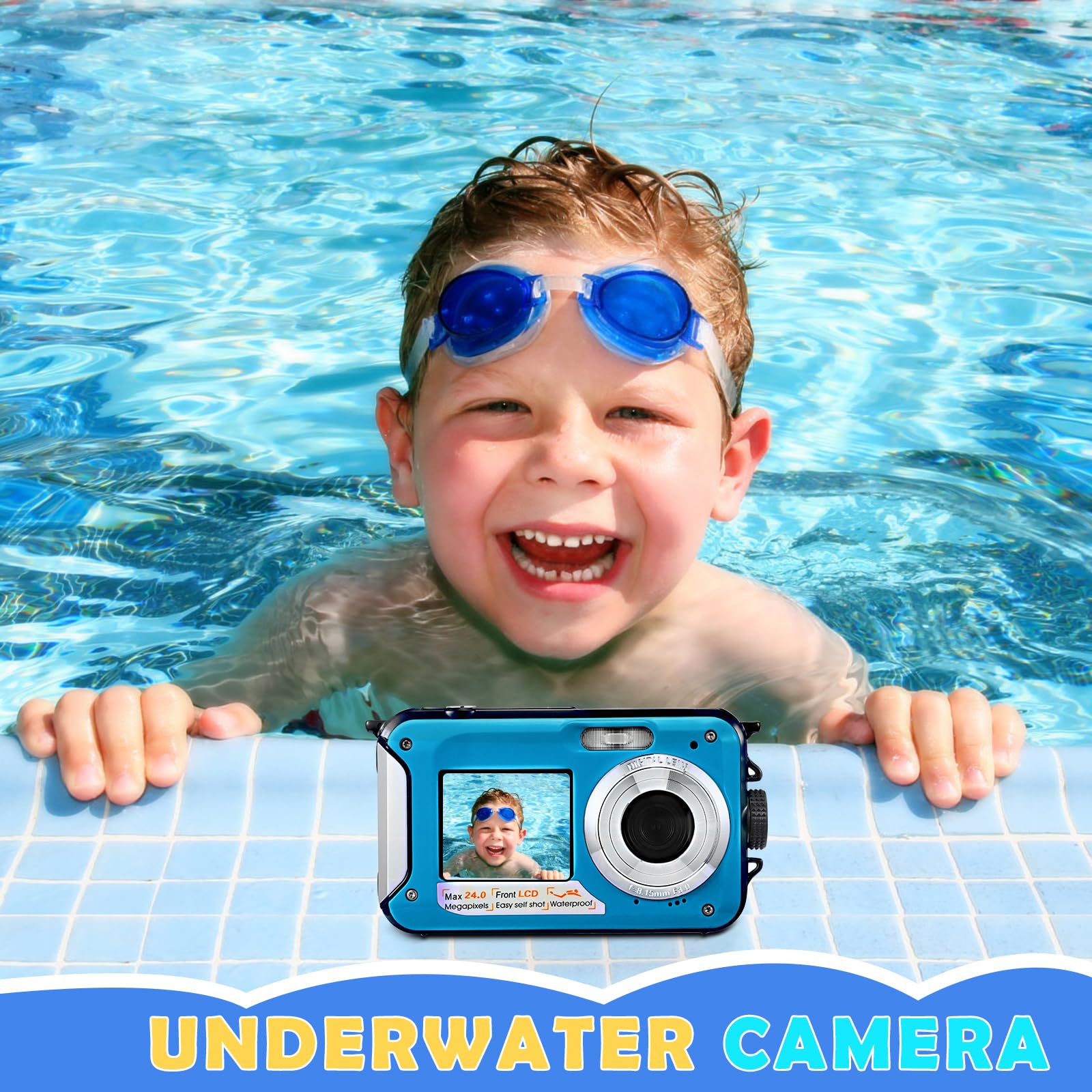 Fotocamera impermeabile digitale Full HD 2,7 K 24 MP Macchina Fotografica Subcquea 16X Zoom digitale fotocamera impermeabile con doppio schermo, per adolescenti studenti principianti