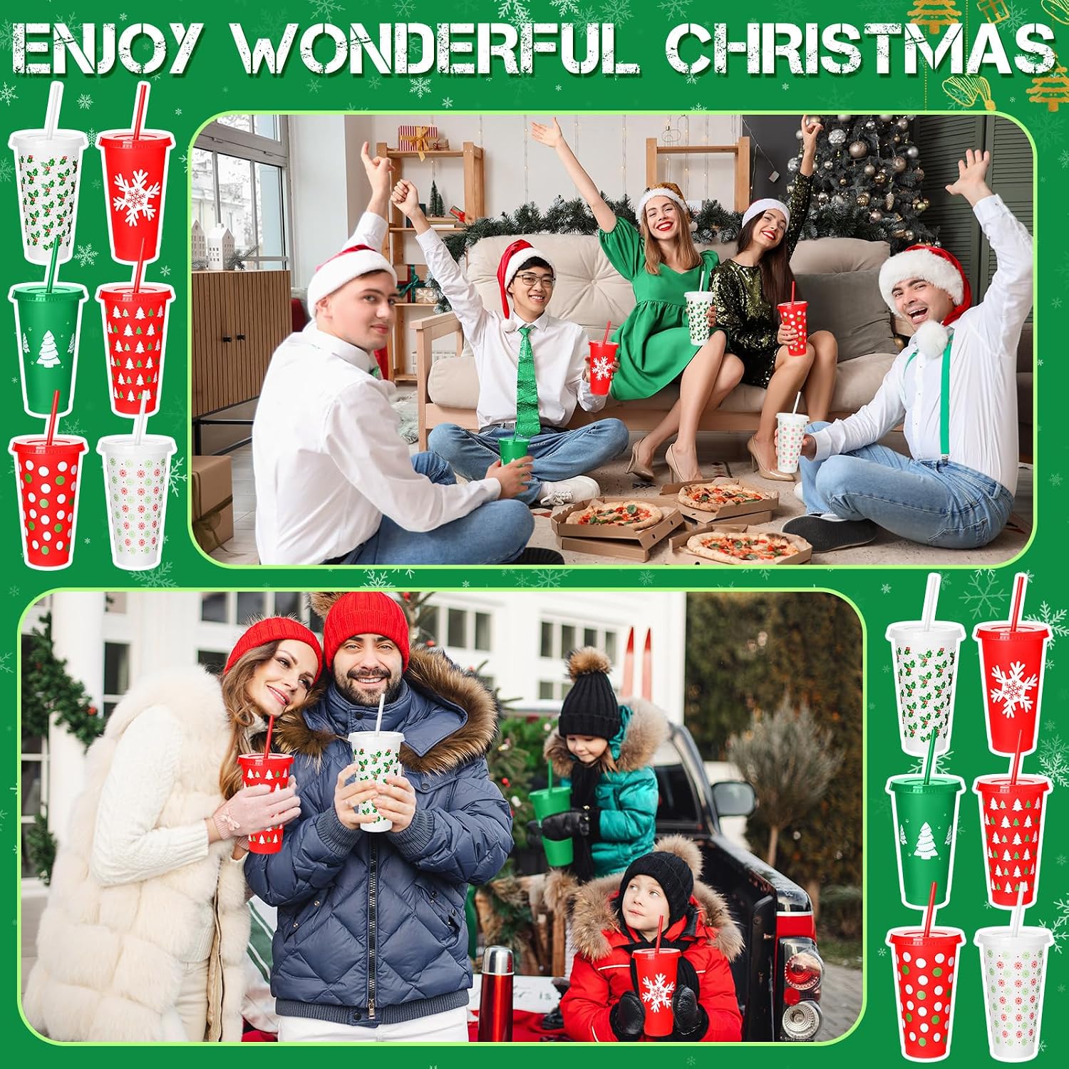 LemonRoad 24 Pcs Christmas Plastic Cups with Flat Lids and Straws 24 oz Xmas Plastic Tumblers 6 Patterns Reusable Drinking Water Cups for Cold Drinks Christmas Party Favors Supplies(Stylish Style) image 5