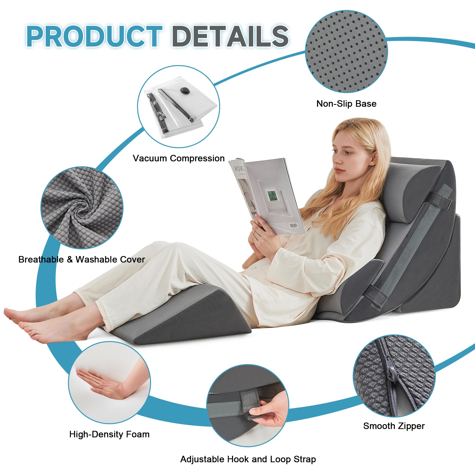 Ensemble d'oreillers 6 pièces, mousse de mémoire pour le sommeil, oreillers ergonomiques réglables, lit confortable et oreillers de canapé pour la lecture, la télévision et la détente, sombre